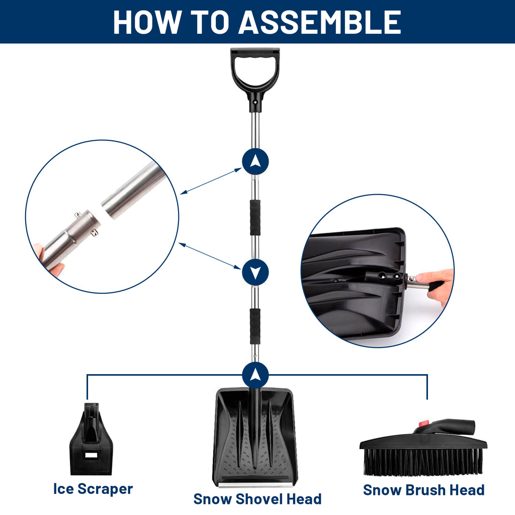 STORGENER Car Snow Brush and Ice Scraper, 3-in-1 Extendable Snow Shovel with Wide Head Snow Shovel and Ice Scraper 180° Pivoting Snow Brush Head for Car Windshield, Durable Snow Remover