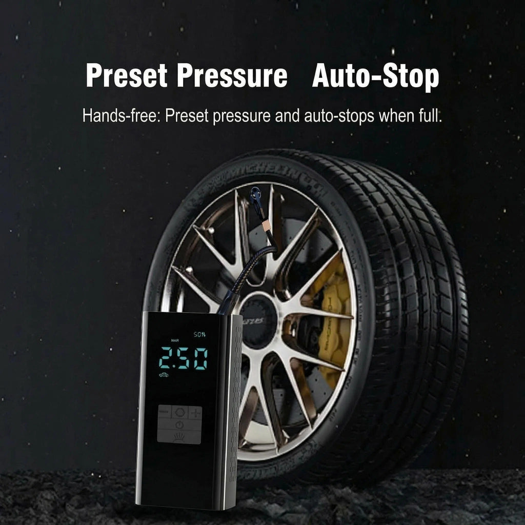 STORGENER Tire Inflator Portable Air Compressor, 50 PSI Cordless Air Pump for Car Tires, Rechargeable 12V with LCD Display, LED Light & Auto-Off, Black