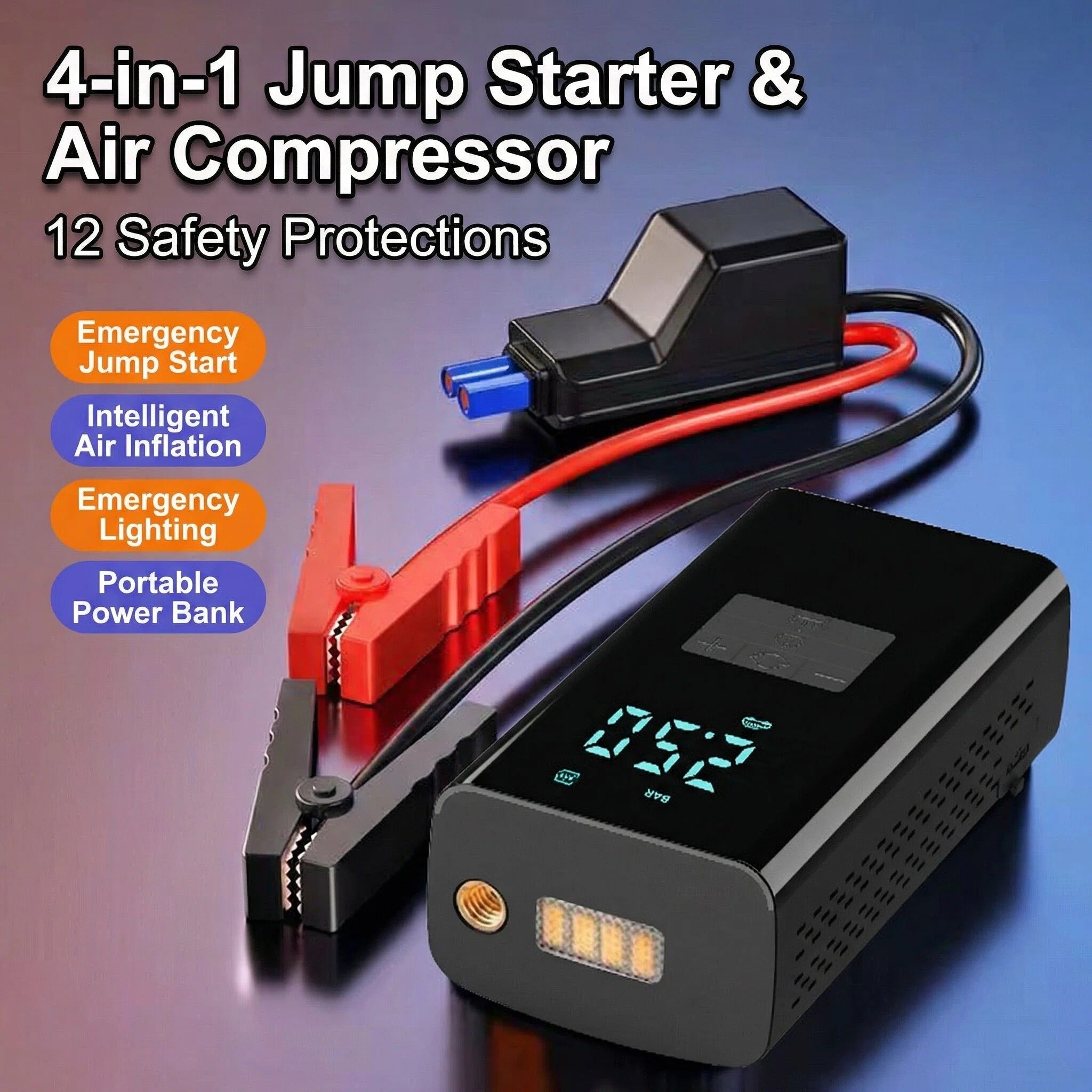 STORGENER Tire Inflator Portable Air Compressor, 50 PSI Cordless Air Pump for Car Tires, Rechargeable 12V with LCD Display, LED Light & Auto-Off, Black