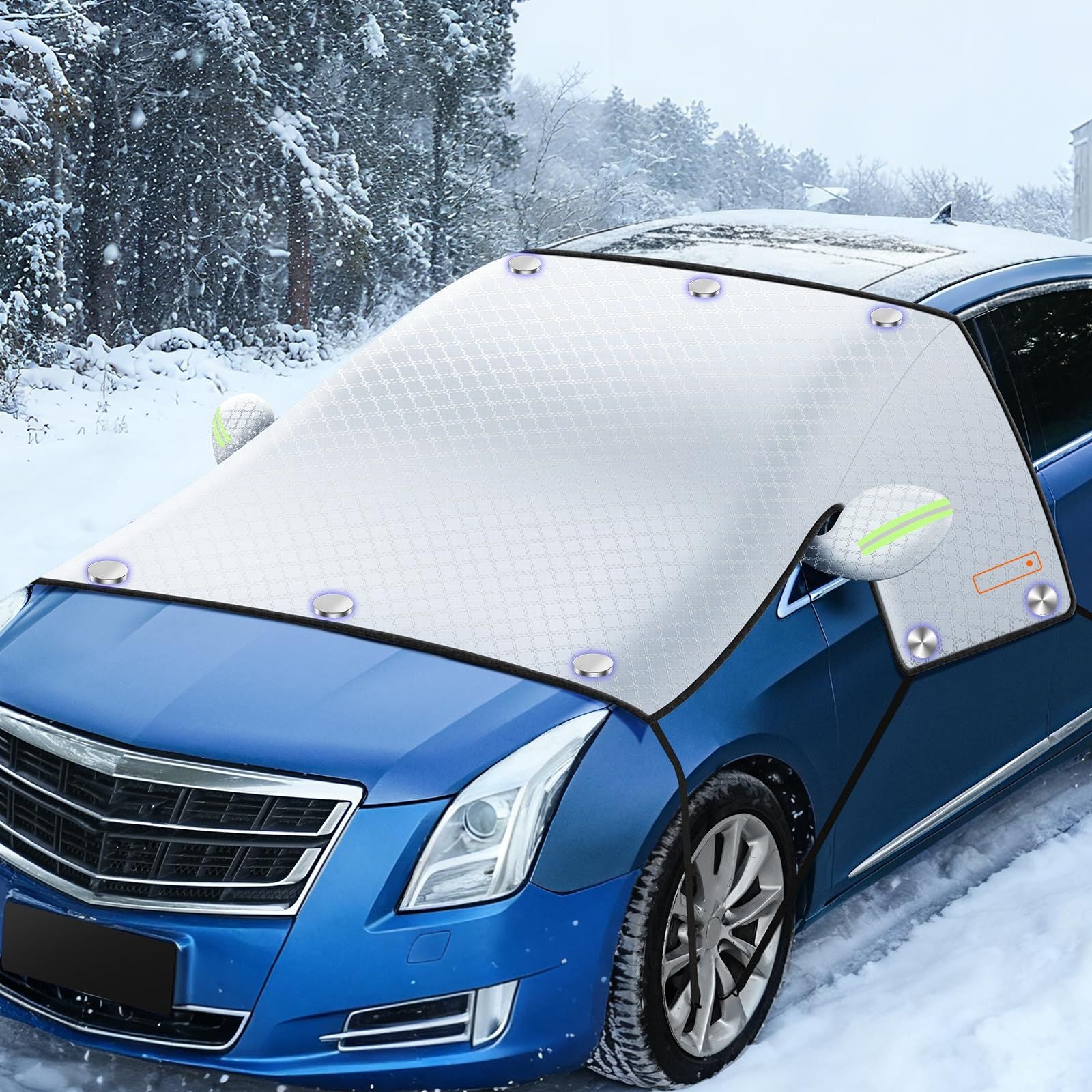 STORGENER Windshield Sun Shade, Car Windshield Snow Cover, 10 Magnets, 6 Straps, 4-Layer Protection, Car Windshield Cover with Side Mirror Protector