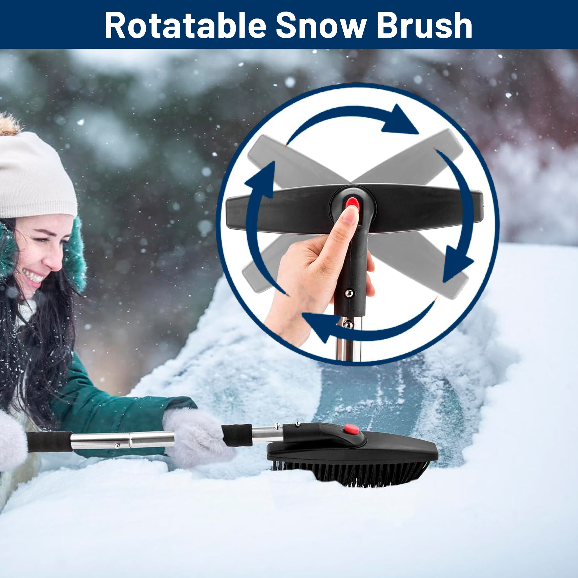 STORGENER Car Snow Brush and Ice Scraper, 3-in-1 Extendable Snow Shovel with Wide Head Snow Shovel and Ice Scraper 180° Pivoting Snow Brush Head for Car Windshield, Durable Snow Remover