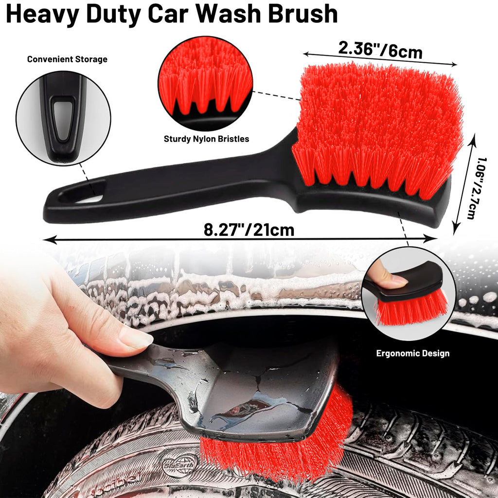Wheel & Tire Brush, Soft Bristle Car Wash Brush, Cleans Dirty Tires & Releases Dirt and Road Grime, Short Handle for Easy Scrubbing(Red&Black)