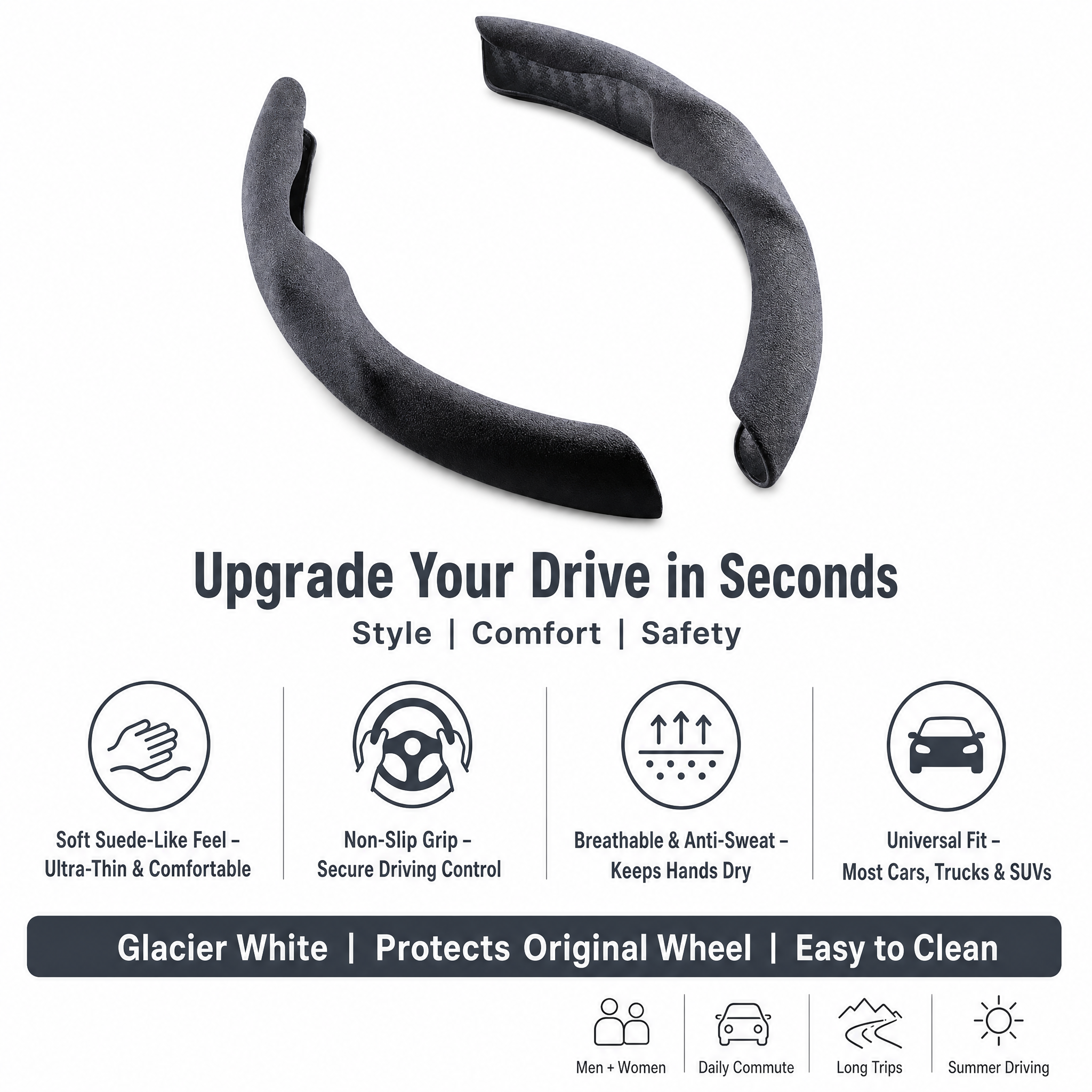STORGENER Car Steering Wheel Cover, Premium Suede Ultra-Thin Non-Slip Grip for Men Women, Breathable Anti-Sweat Soft Wrap for Most Cars, Truck, SUV (Advanced Gray)