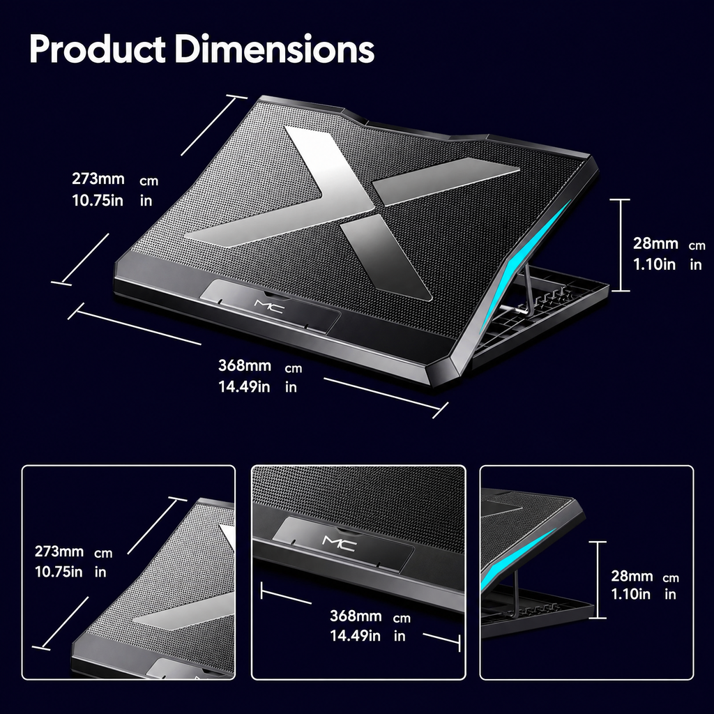 STORGENER 6-Fan Laptop Cooling Pad, Adjustable Laptop Cooler Stand with Blue LED Lights, Quiet Cooling Pad for Gaming