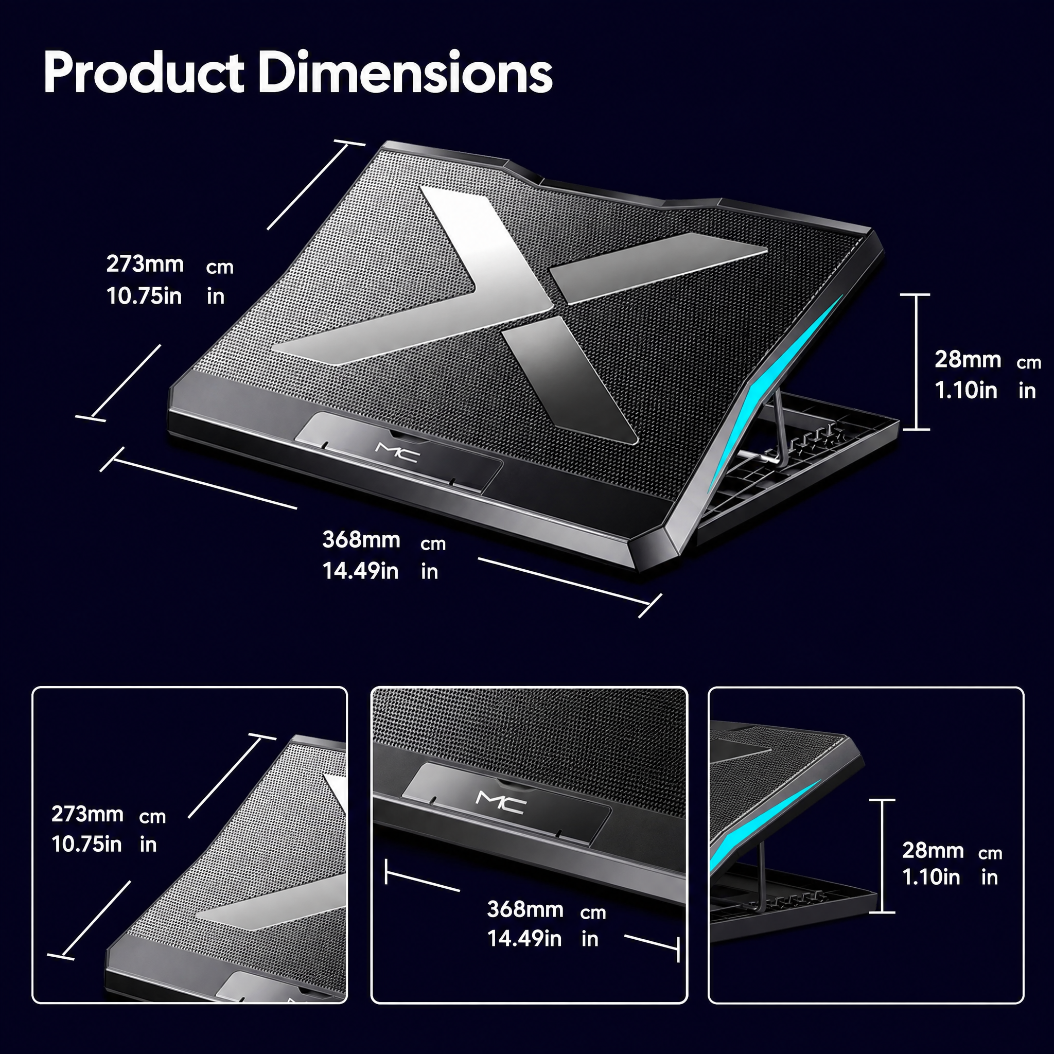 STORGENER 6-Fan Laptop Cooling Pad, Adjustable Laptop Cooler Stand with Blue LED Lights, Quiet Cooling Pad for Gaming