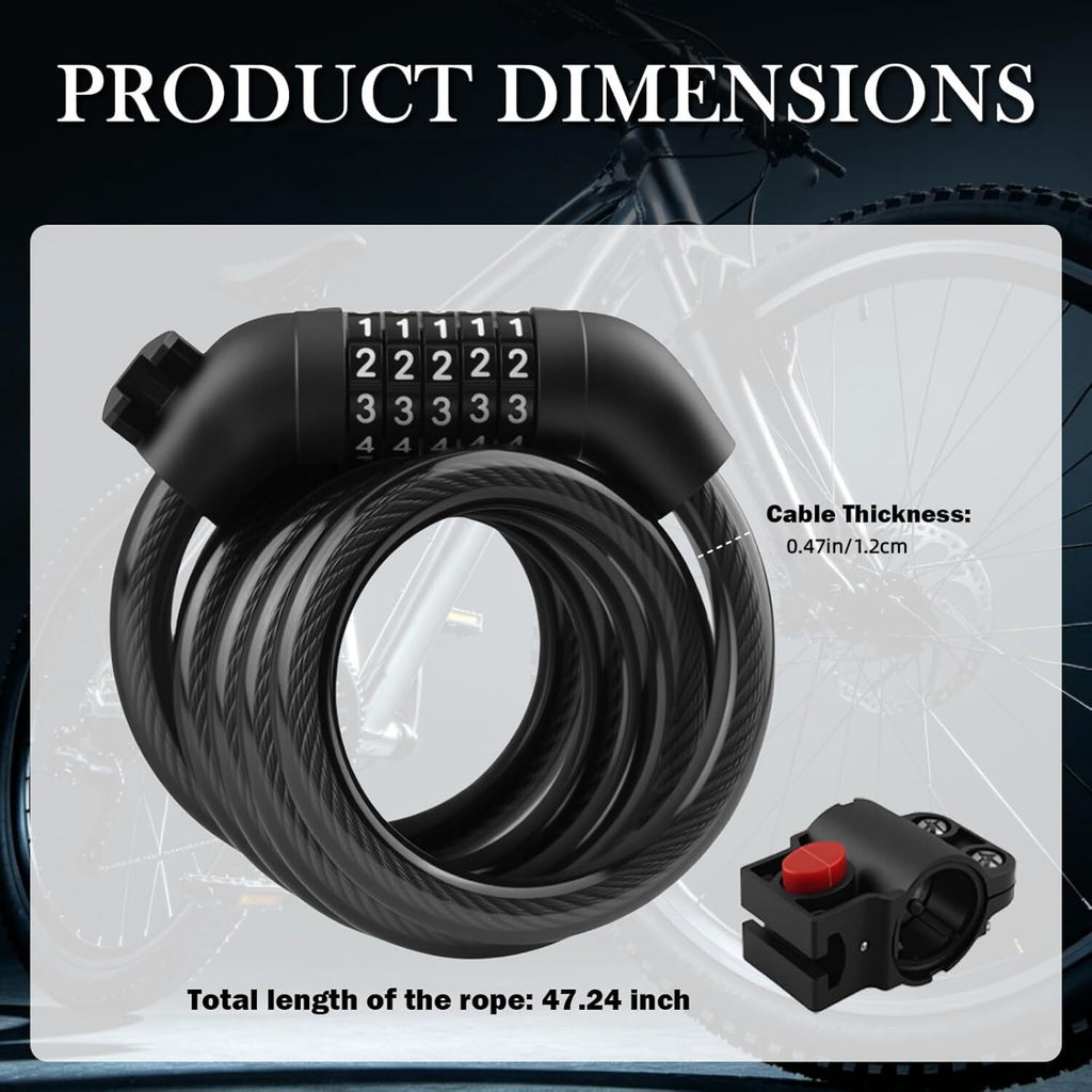 STORGENER Bike Lock Combination, 5-Digit Resettable Bicycle Cable Lock 120cm, Anti-Theft Steel Wire Lock with Mounting Bracket for Bike, Scooter, and E-Bike, Keyless Security
