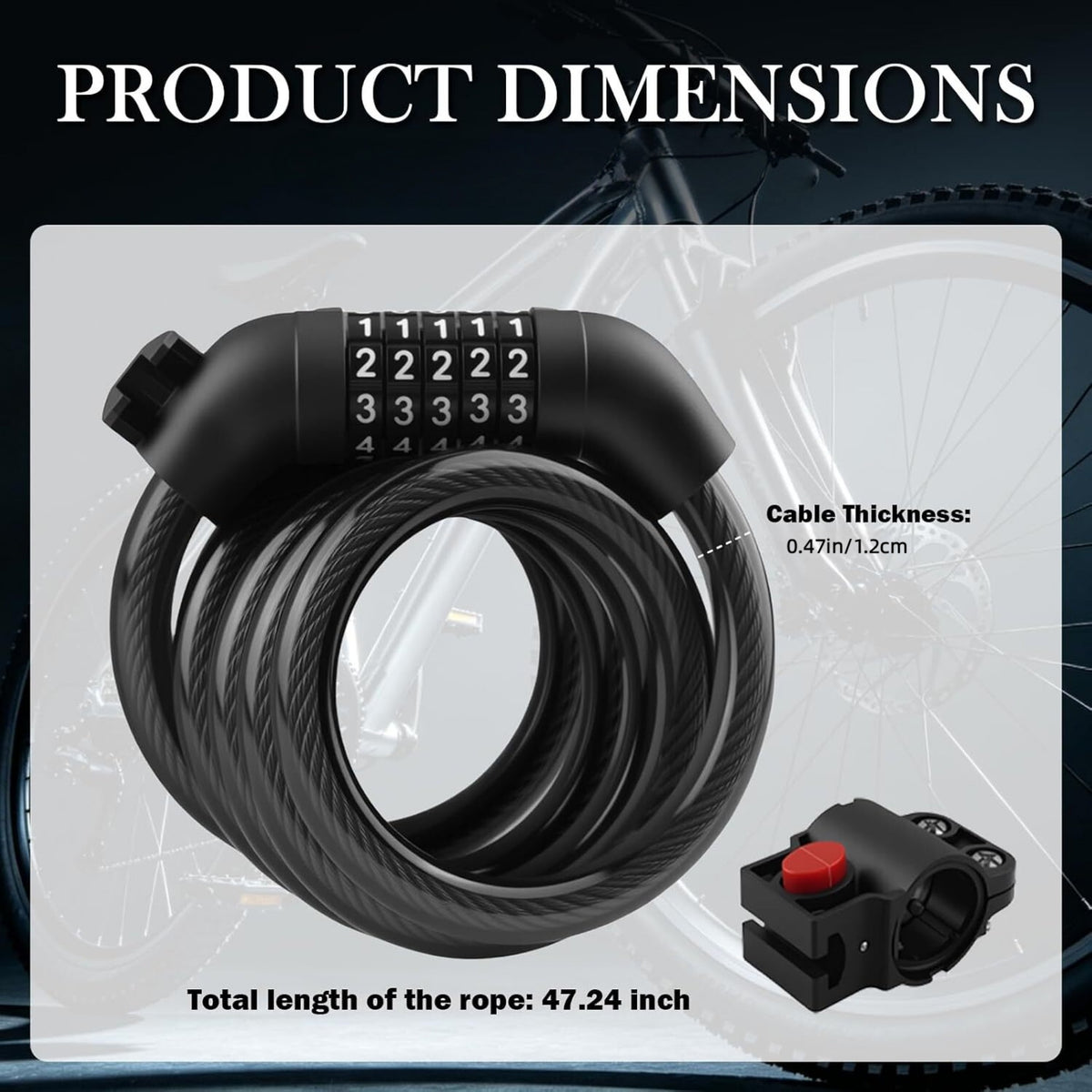 STORGENER Bike Lock Combination, 5-Digit Resettable Bicycle Cable Lock 120cm, Anti-Theft Steel Wire Lock with Mounting Bracket for Bike, Scooter, and E-Bike, Keyless Security
