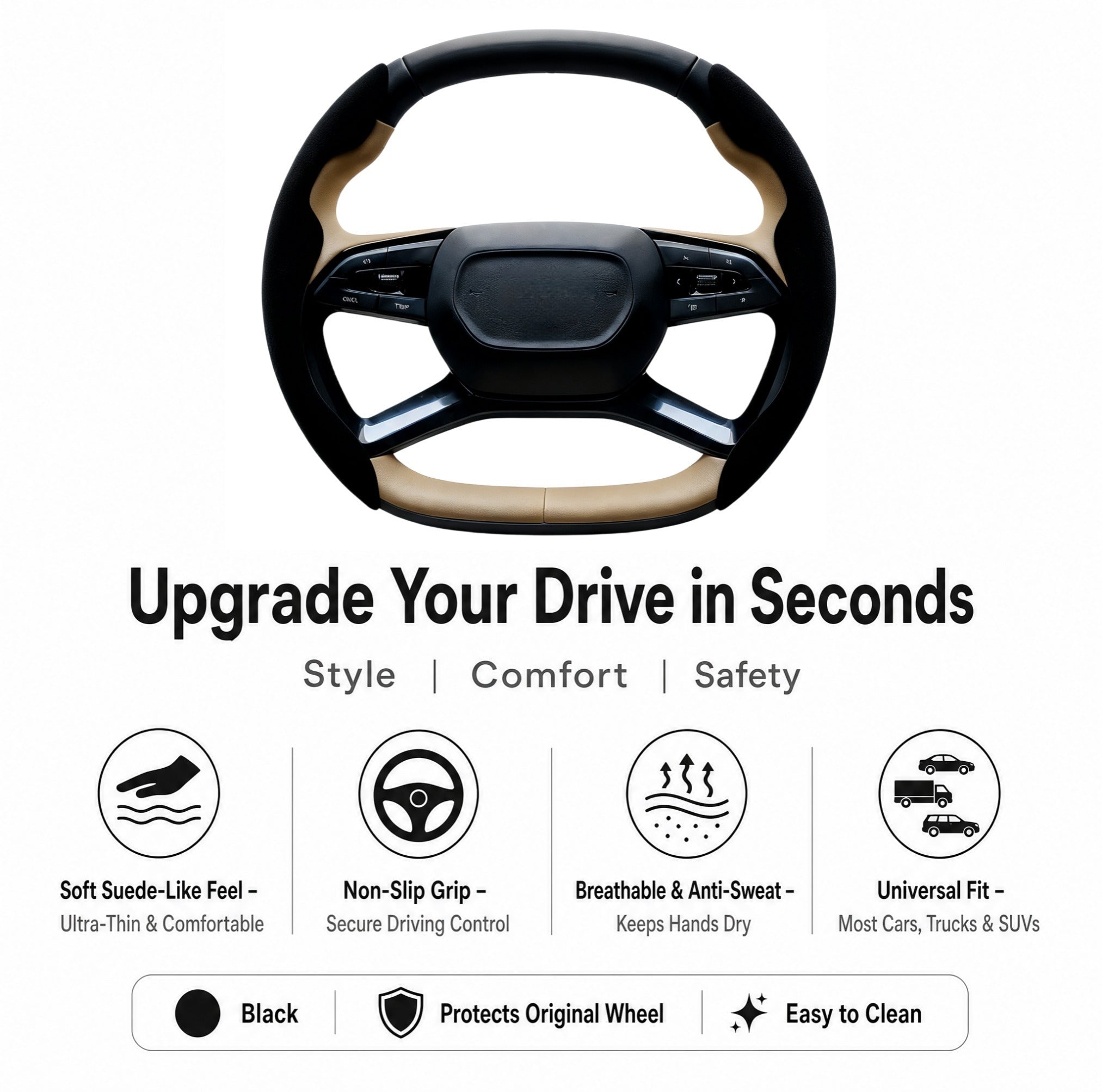 STORGENER Car Steering Wheel Cover, Ultra-Thin Suede-Like Non-Slip Grip, Breathable Anti-Sweat Soft Wrap for Cars, Trucks & SUVs, Black