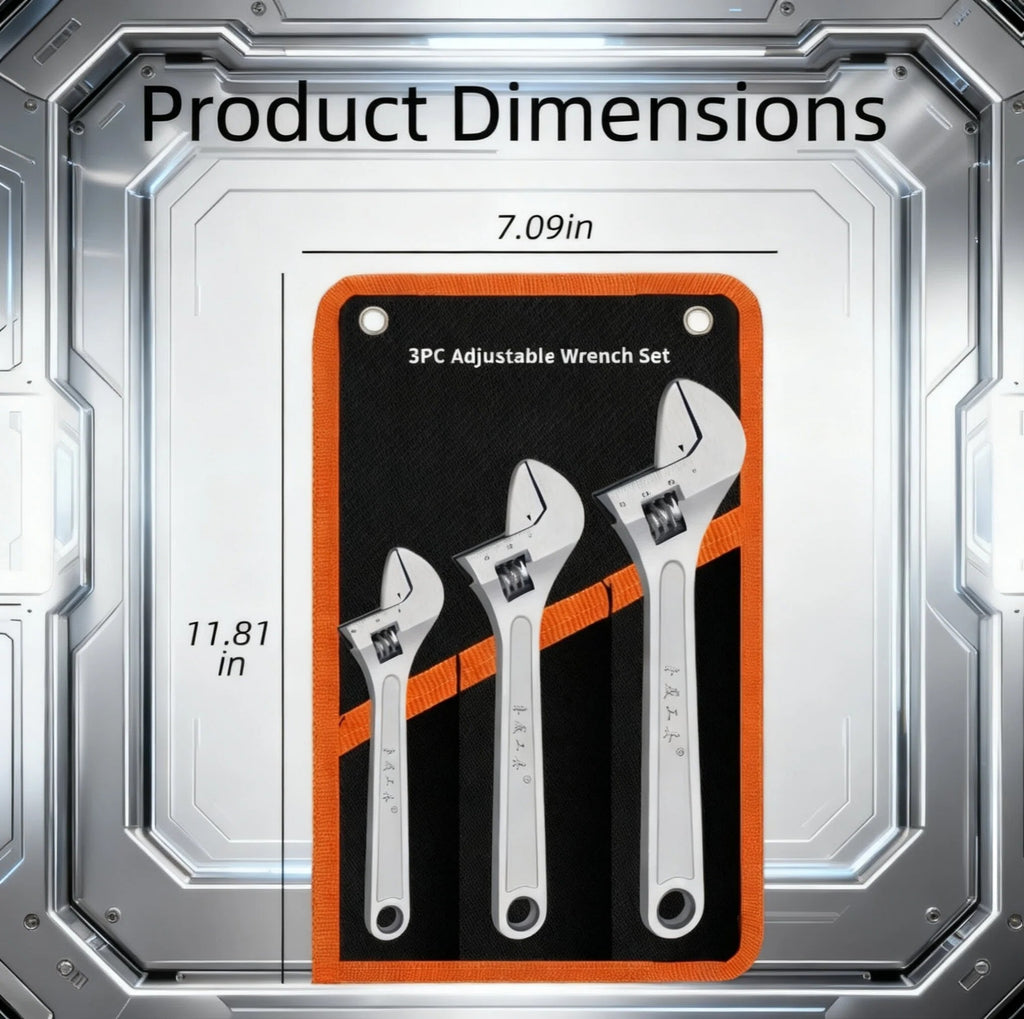 STORGENER Wrench Set, Adjustable Wrench, 3-Piece Adjustable Wrench Set, Chrome-Plated Cr-V Steel, Accurate Scale, Standard Opening, High Torque, Roll Pouch Included