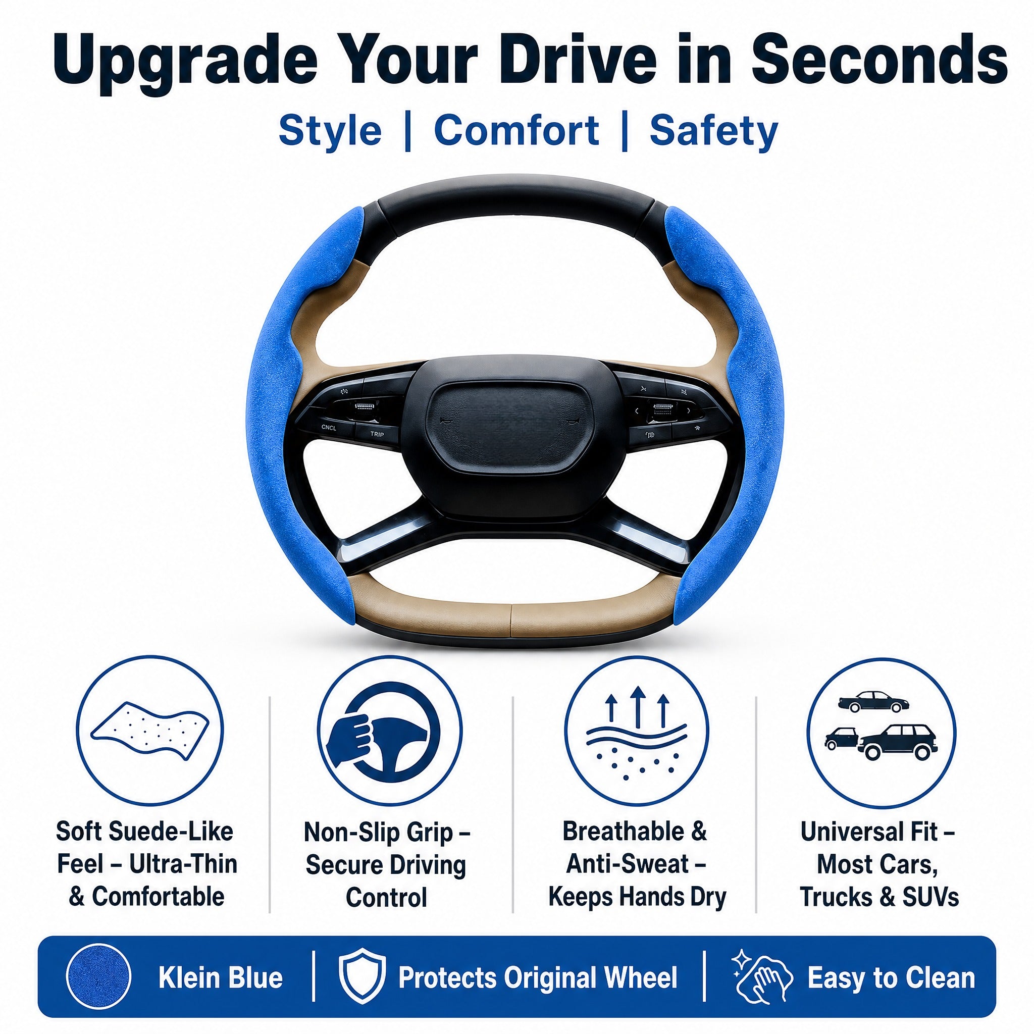STORGENER Car Steering Wheel Cover, Ultra-Thin Suede-Like Non-Slip Grip, Breathable Anti-Sweat Soft Wrap for Men & Women, Universal Fit for Most Cars, Trucks & SUVs, Klein Blue