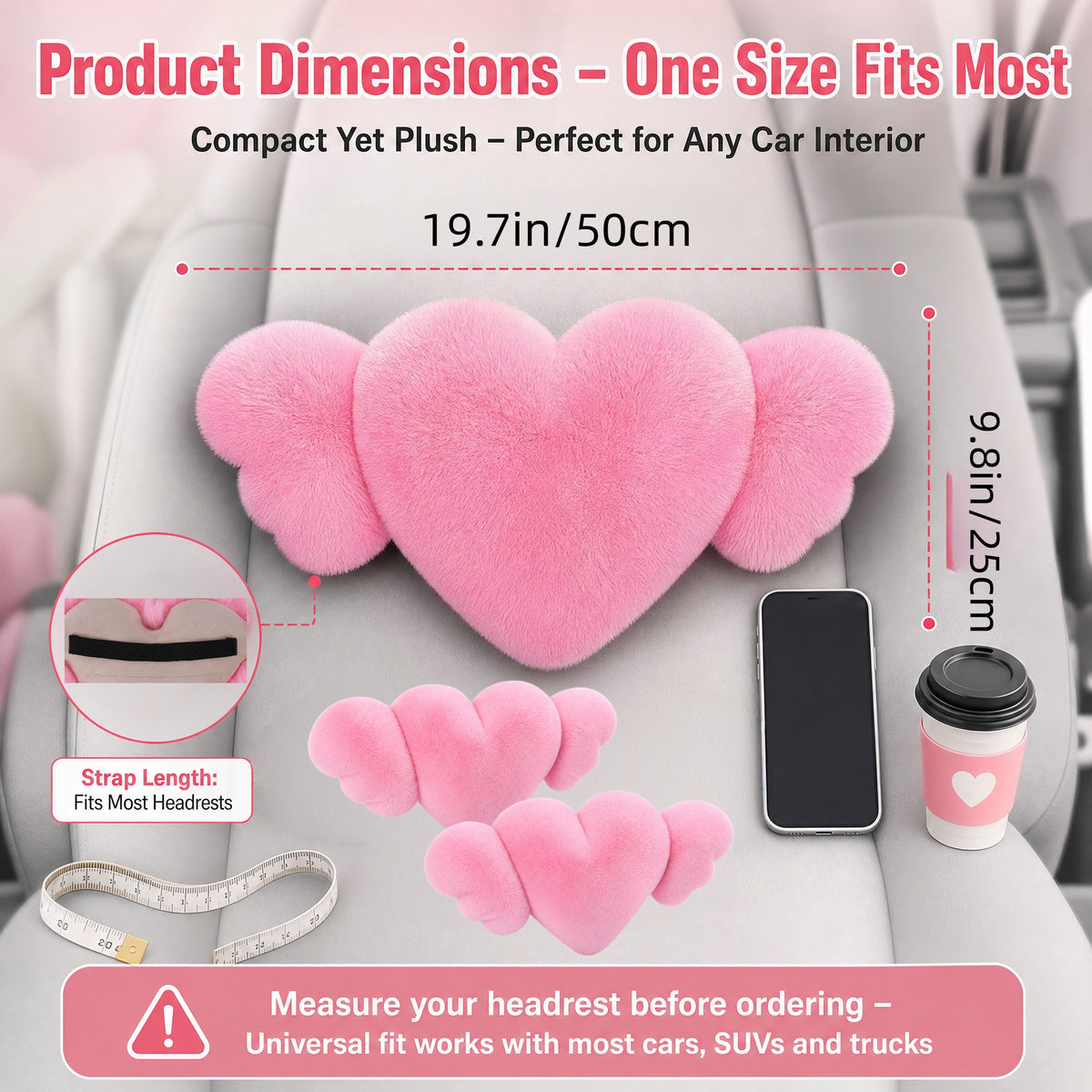 STORGENER Cute Car Headrest Pillow, 2-Pack Pink Heart & Wing Kawaii Car Accessories, Soft Fluffy Neck Support Pillow for Car Seat, Universal Lumbar Pillow for Auto Interior Decor