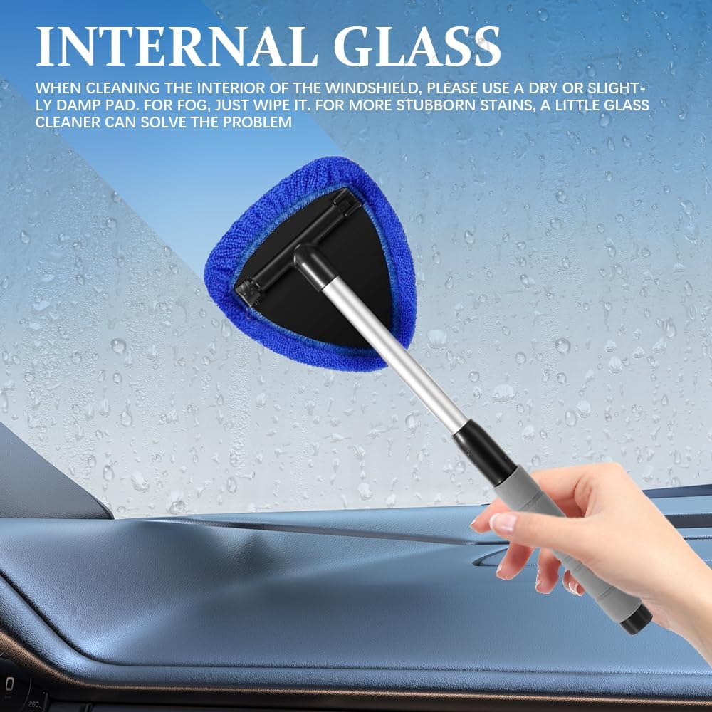 STORGENER Universal Windshield Cleaning Tool, Extendable Long Handle, 4 Washable Reusable Microfiber Pads, Car Window Cleaner for Interior & Exterior Glass, Blue