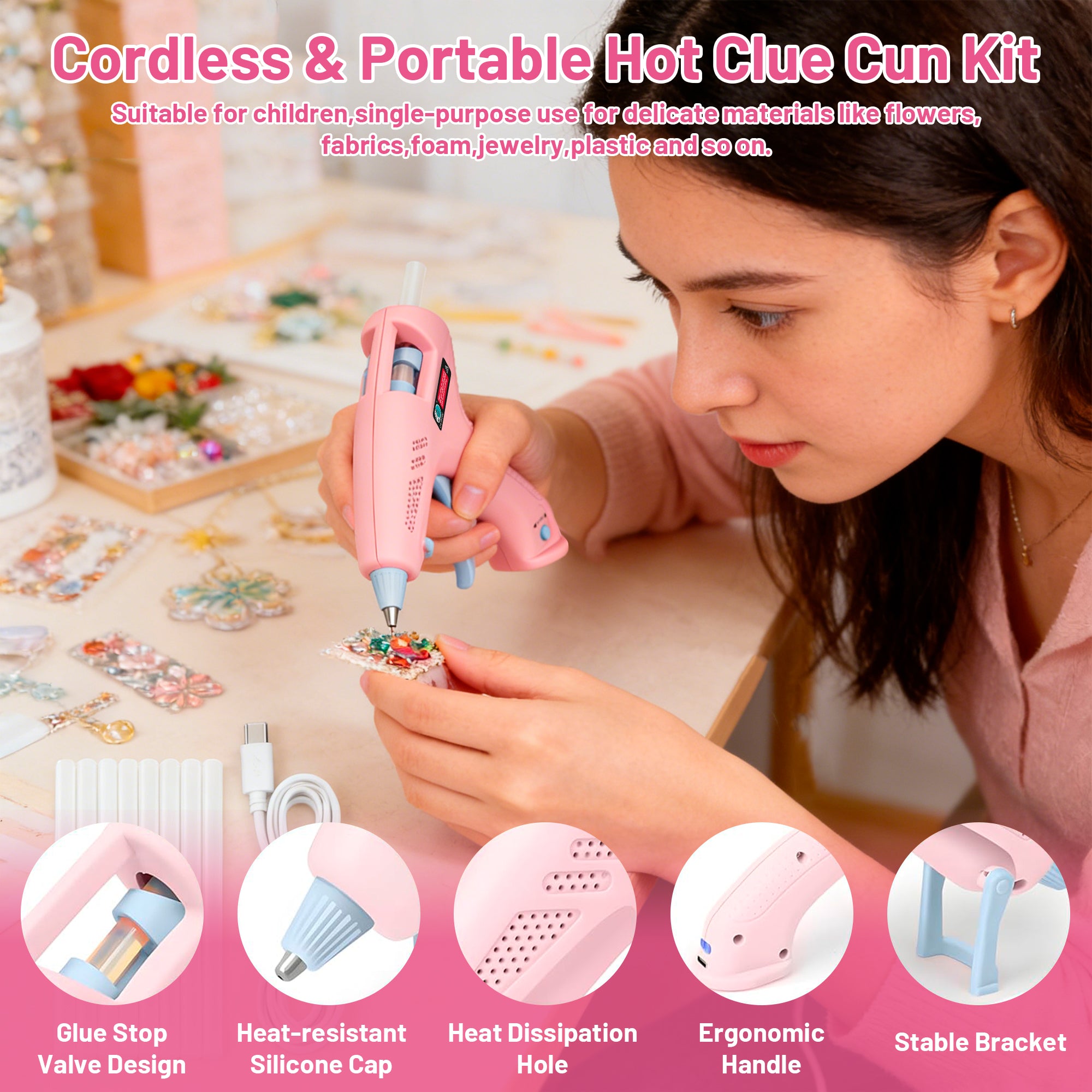 Hot Glue Gun Kit with 10 Glue Sticks, Fast Preheating Hot Melt, High Temp for School Crafts DIY Arts and Quick Home Repairs, 20W Pink