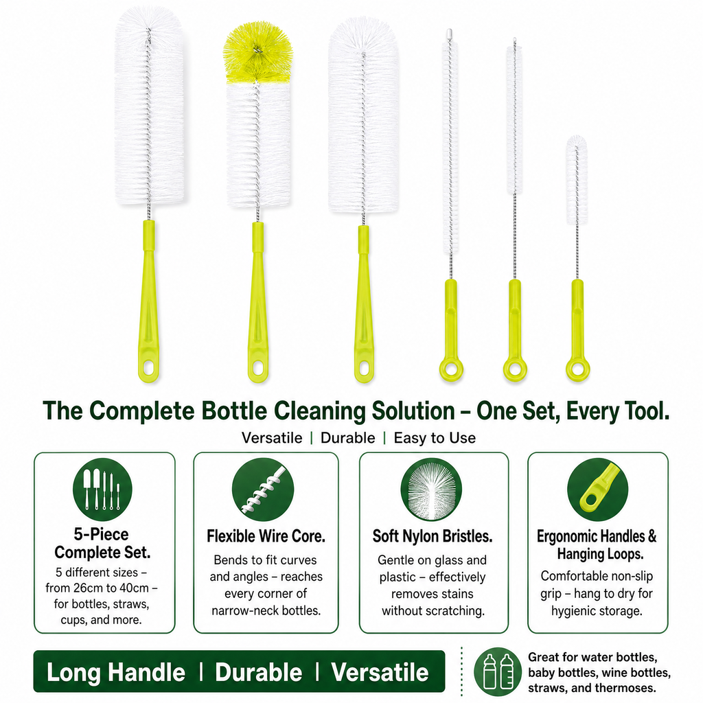 STORGENER Bottle Cleaning Brush Set, 5-Piece Long Handle Cup Cleaner for Narrow Neck, Water Bottles, and Straws