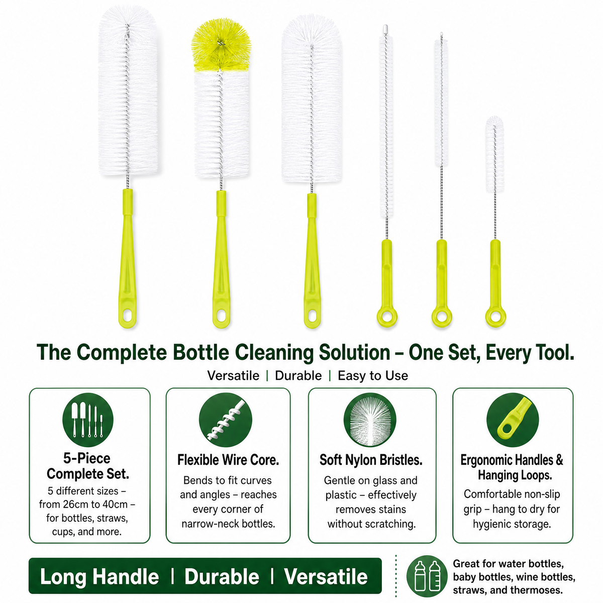 STORGENER Bottle Cleaning Brush Set, 5-Piece Long Handle Cup Cleaner for Narrow Neck, Water Bottles, and Straws