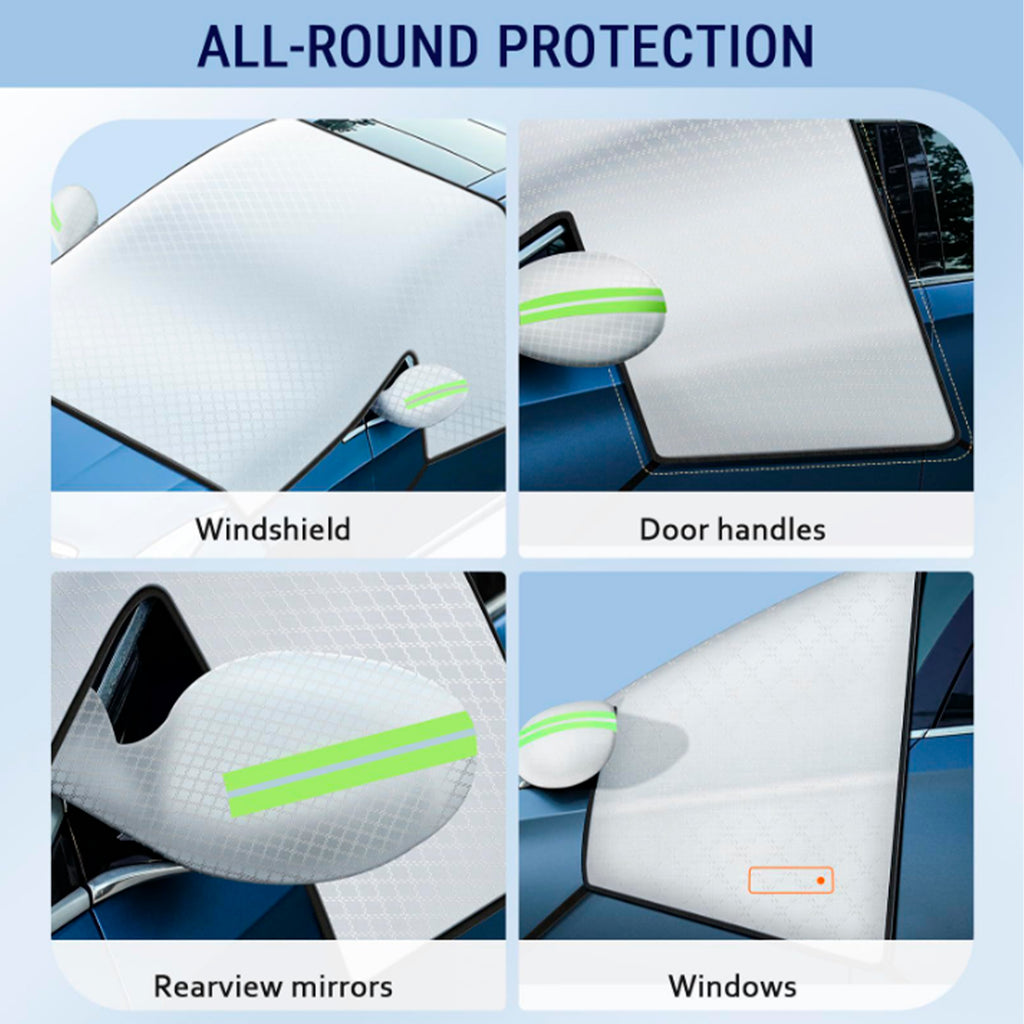 STORGENER Windshield Sun Shade, Car Windshield Snow Cover, 10 Magnets, 6 Straps, 4-Layer Protection, Car Windshield Cover with Side Mirror Protector