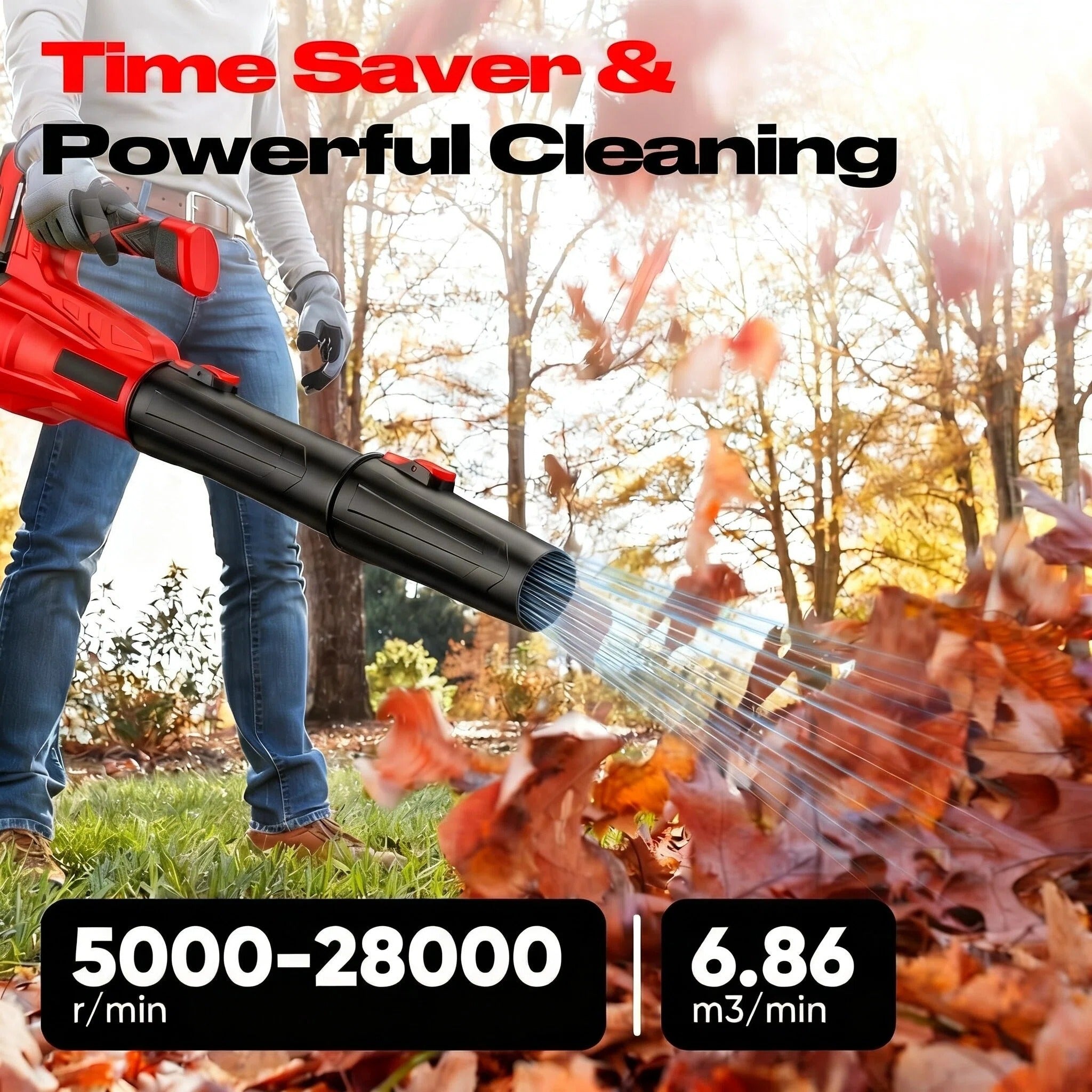 STORGENER Leaf Blower Cordless, 2 Battery and Charger, Handheld Electric Leaf Blower, Brushless Motor, 5000-28000 r/min, Lightweight, Removable, Red