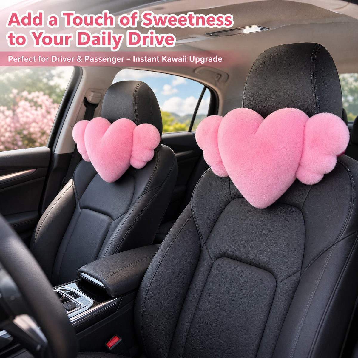 STORGENER Cute Car Headrest Pillow, 2-Pack Pink Heart & Wing Kawaii Car Accessories, Soft Fluffy Neck Support Pillow for Car Seat, Universal Lumbar Pillow for Auto Interior Decor