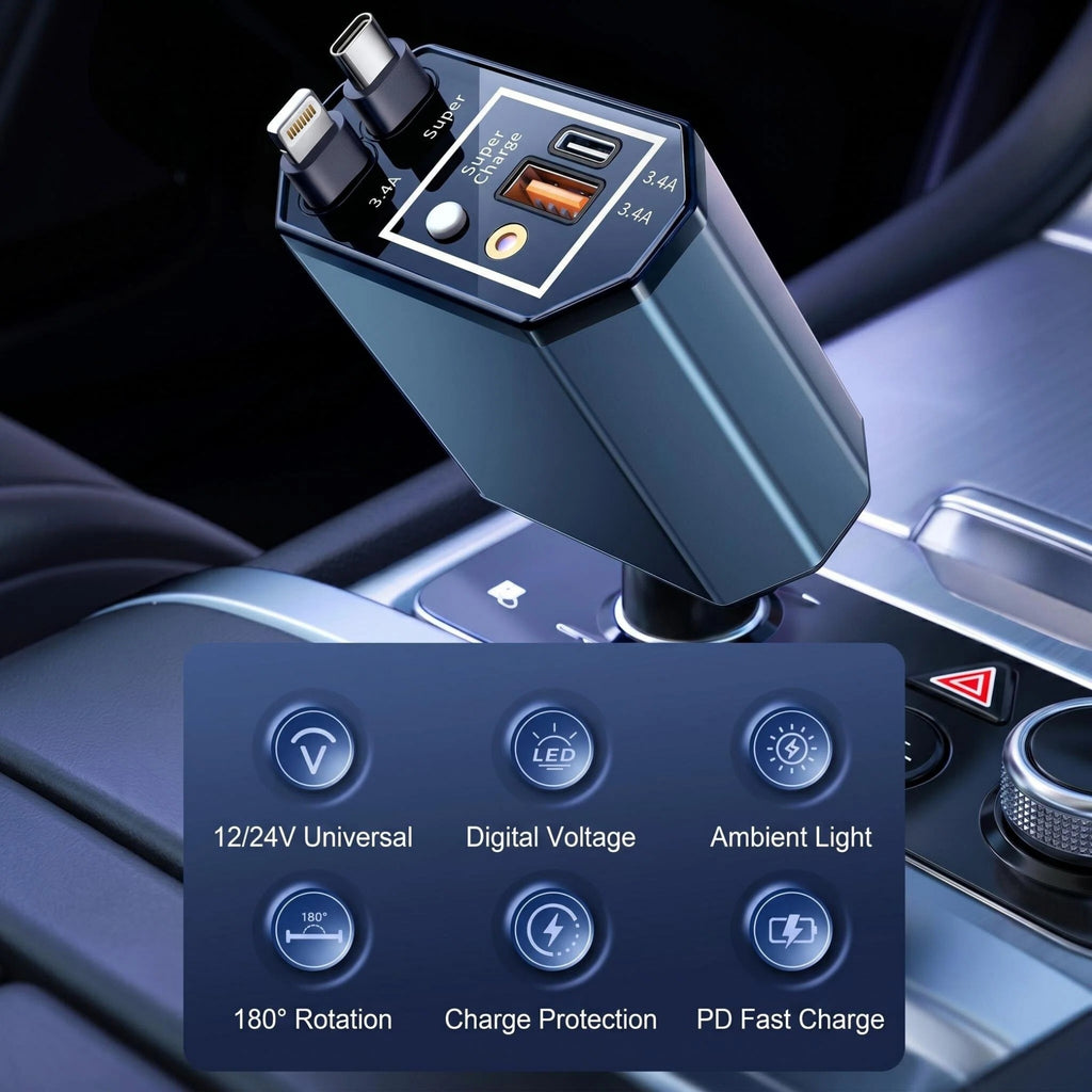 STORGENER Retractable Car Charger, 120W Fast Charging, 2.62ft Retractable Cable, Car Charger for MacBook Pro, iPhone 16 15, Galaxy S25 S24 Ultra etc