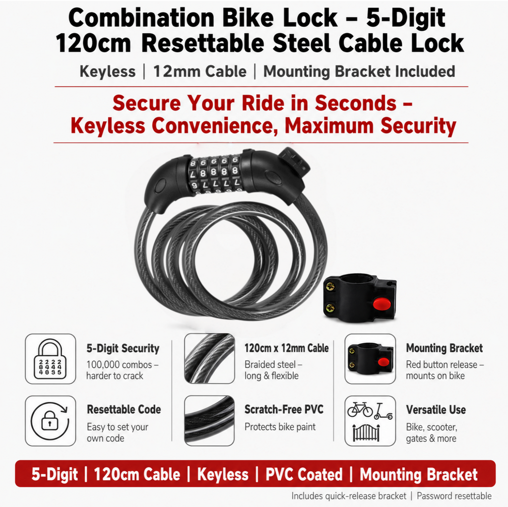 STORGENER Bike Lock Combination, 5-Digit Resettable Bicycle Cable Lock 120cm, Anti-Theft Steel Wire Lock with Mounting Bracket for Bike, Scooter, and E-Bike, Keyless Security