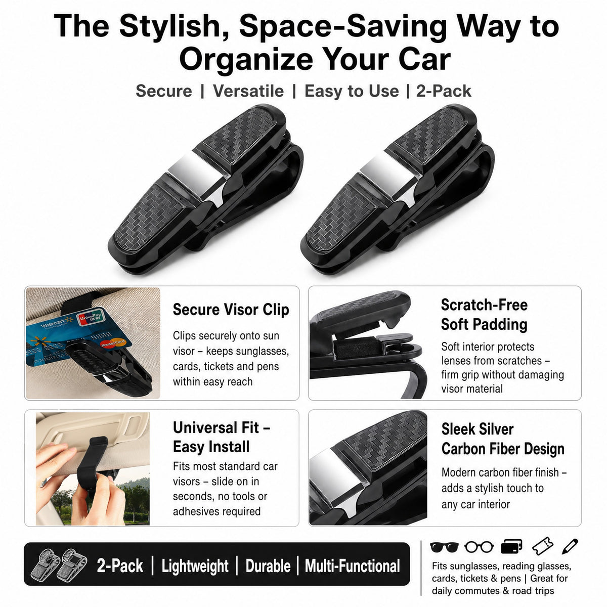 STORGENER Sunglass Holder for Car, 2-Pack Sunglasses Visor Clip for Car Visor, Universal Car Accessories for Sunglasses, Cards, Tickets, Silver Carbon Fiber Interior Storage
