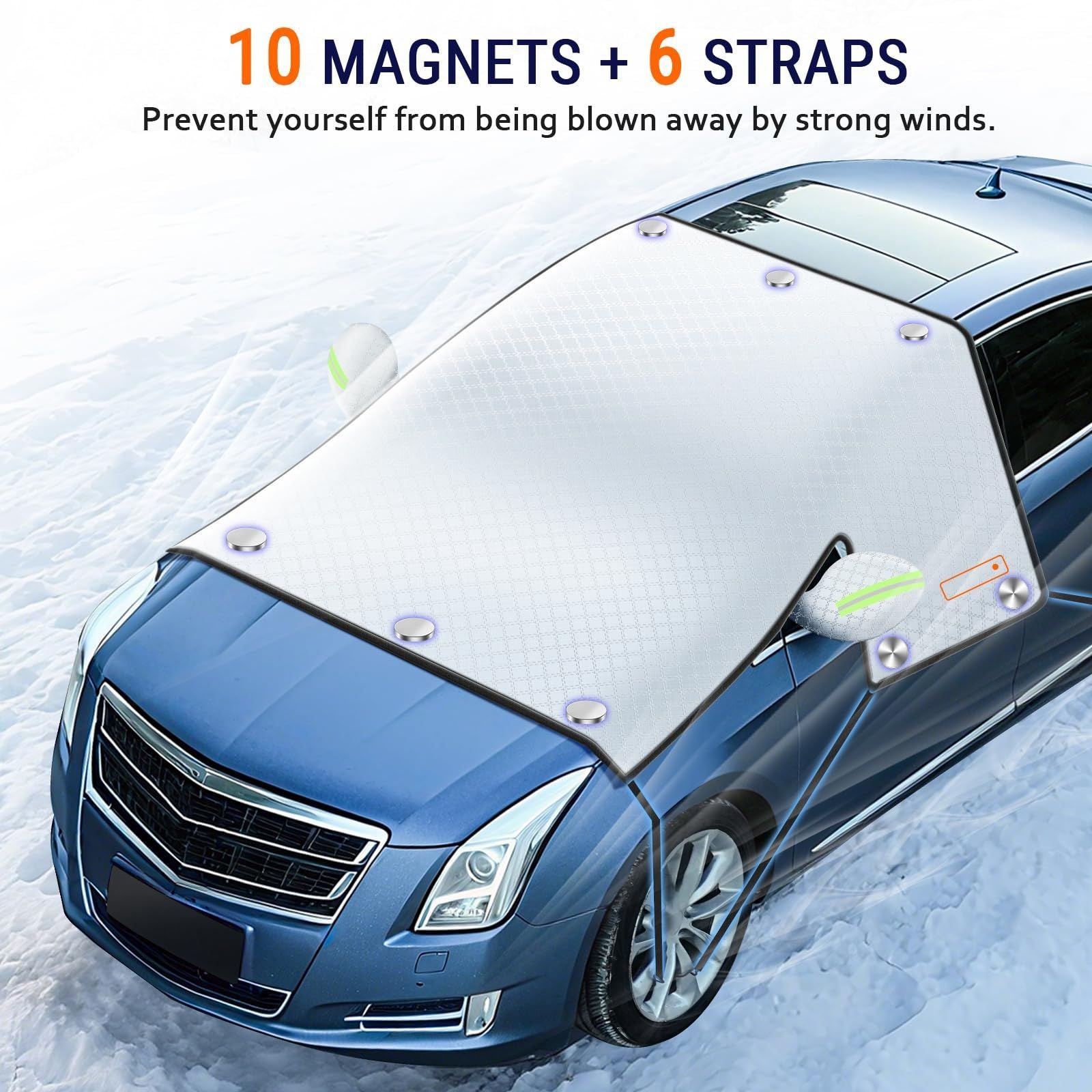 STORGENER Windshield Sun Shade, Car Windshield Snow Cover, 10 Magnets, 6 Straps, 4-Layer Protection, Car Windshield Cover with Side Mirror Protector