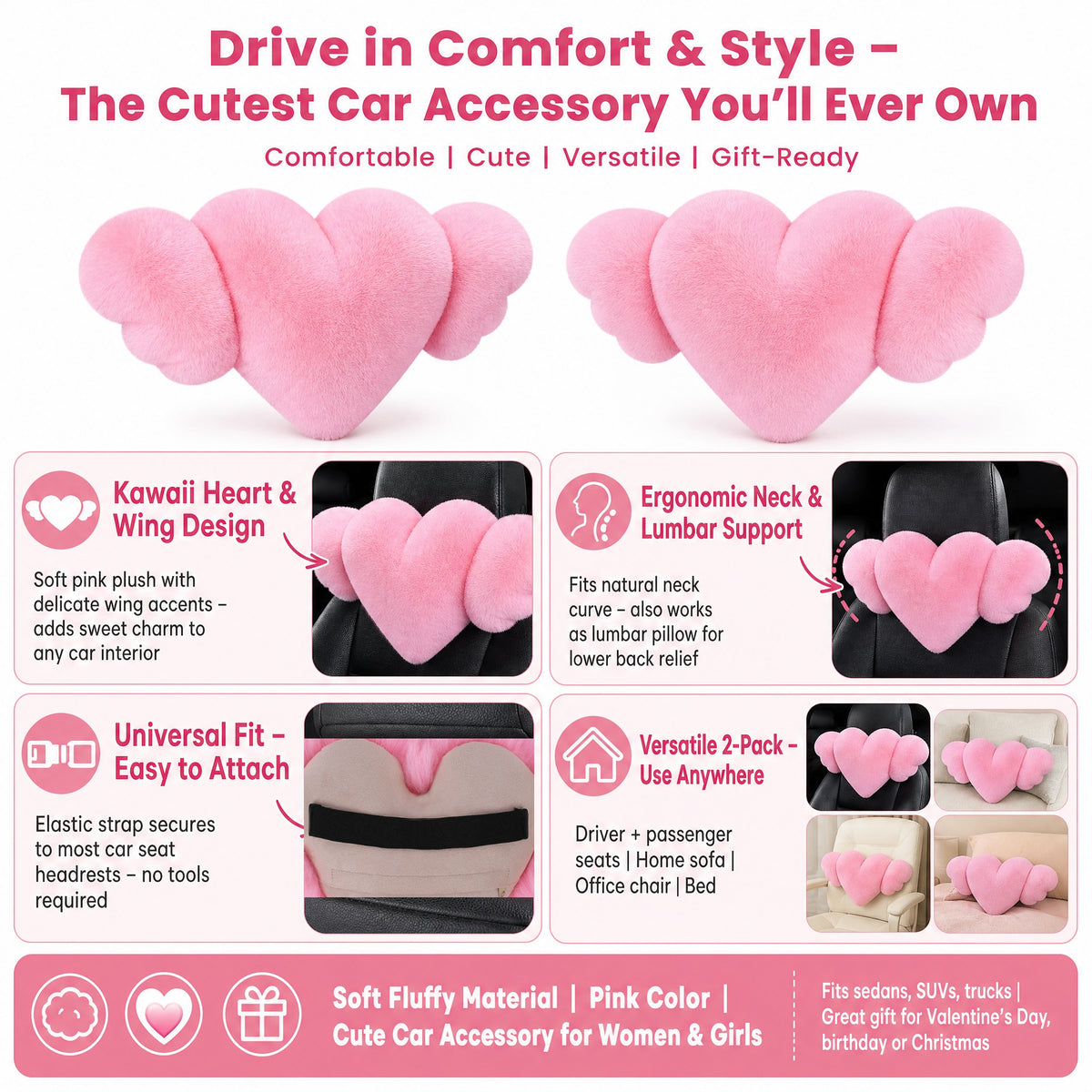 STORGENER Cute Car Headrest Pillow, 2-Pack Pink Heart & Wing Kawaii Car Accessories, Soft Fluffy Neck Support Pillow for Car Seat, Universal Lumbar Pillow for Auto Interior Decor