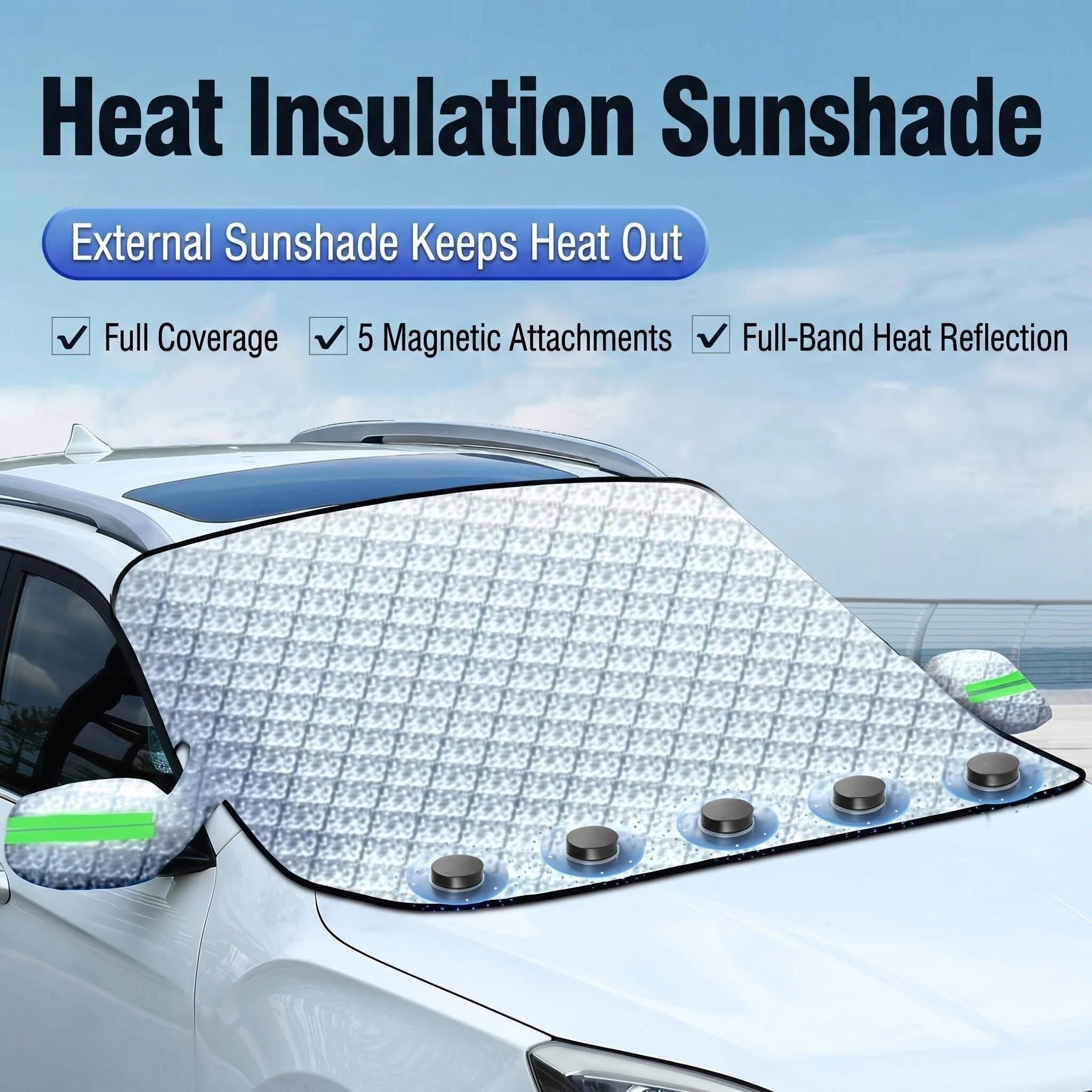 STORGENER Silver Magnetic Windshield Sun Shade, Car Windshield Snow Cover, 4-Layer Protection, Snow Cover with Side Mirror Protector for Most Cars