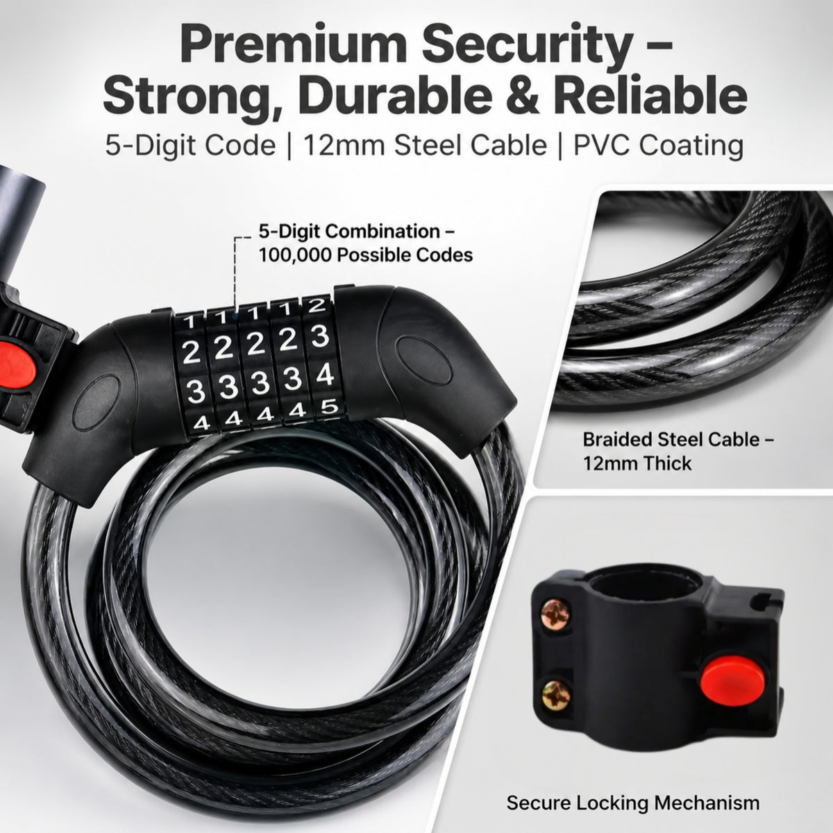 STORGENER Bike Lock Combination, 5-Digit Resettable Bicycle Cable Lock 120cm, Anti-Theft Steel Wire Lock with Mounting Bracket for Bike, Scooter, and E-Bike, Keyless Security