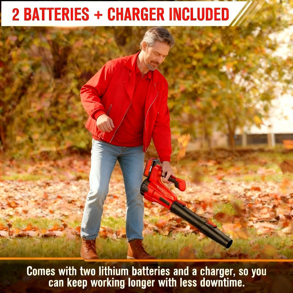 STORGENER Leaf Blower Cordless, 2 Battery and Charger, Handheld Electric Leaf Blower, Brushless Motor, 5000-28000 r/min, Lightweight, Removable, Red