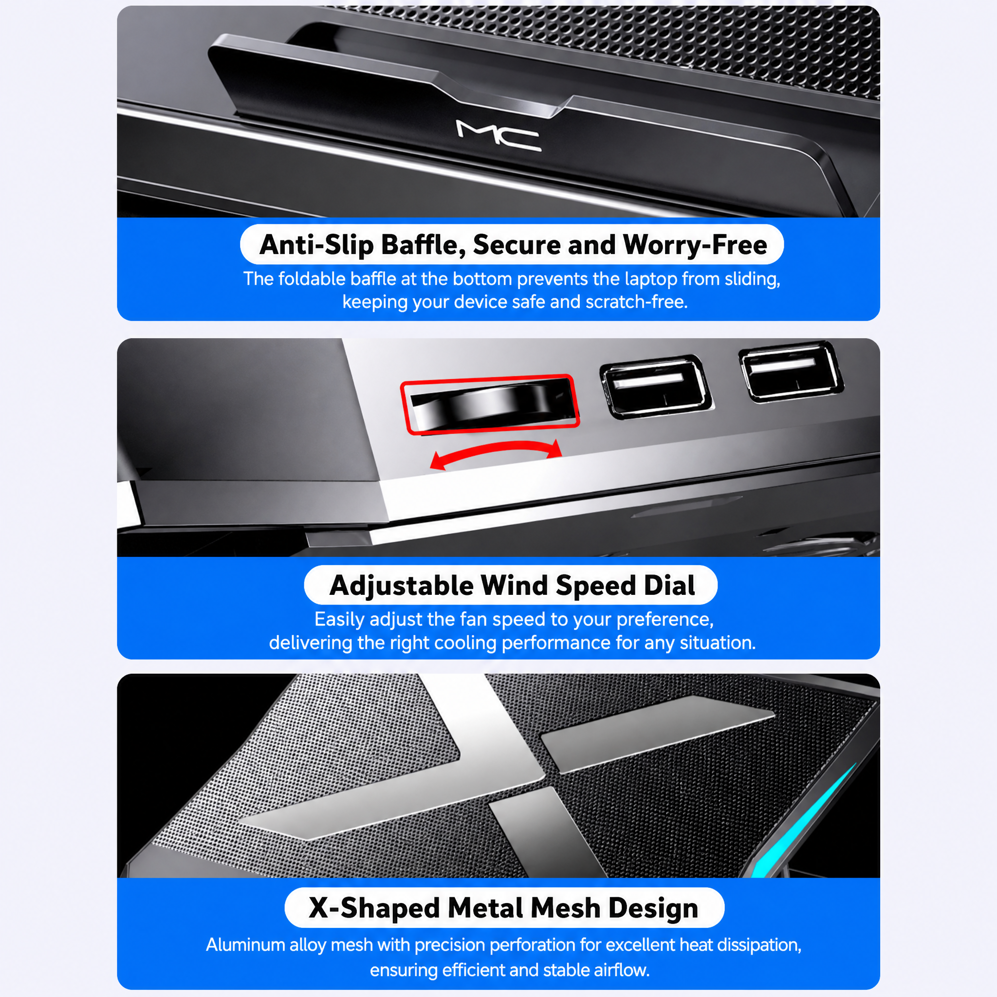 STORGENER 6-Fan Laptop Cooling Pad, Adjustable Laptop Cooler Stand with Blue LED Lights, Quiet Cooling Pad for Gaming