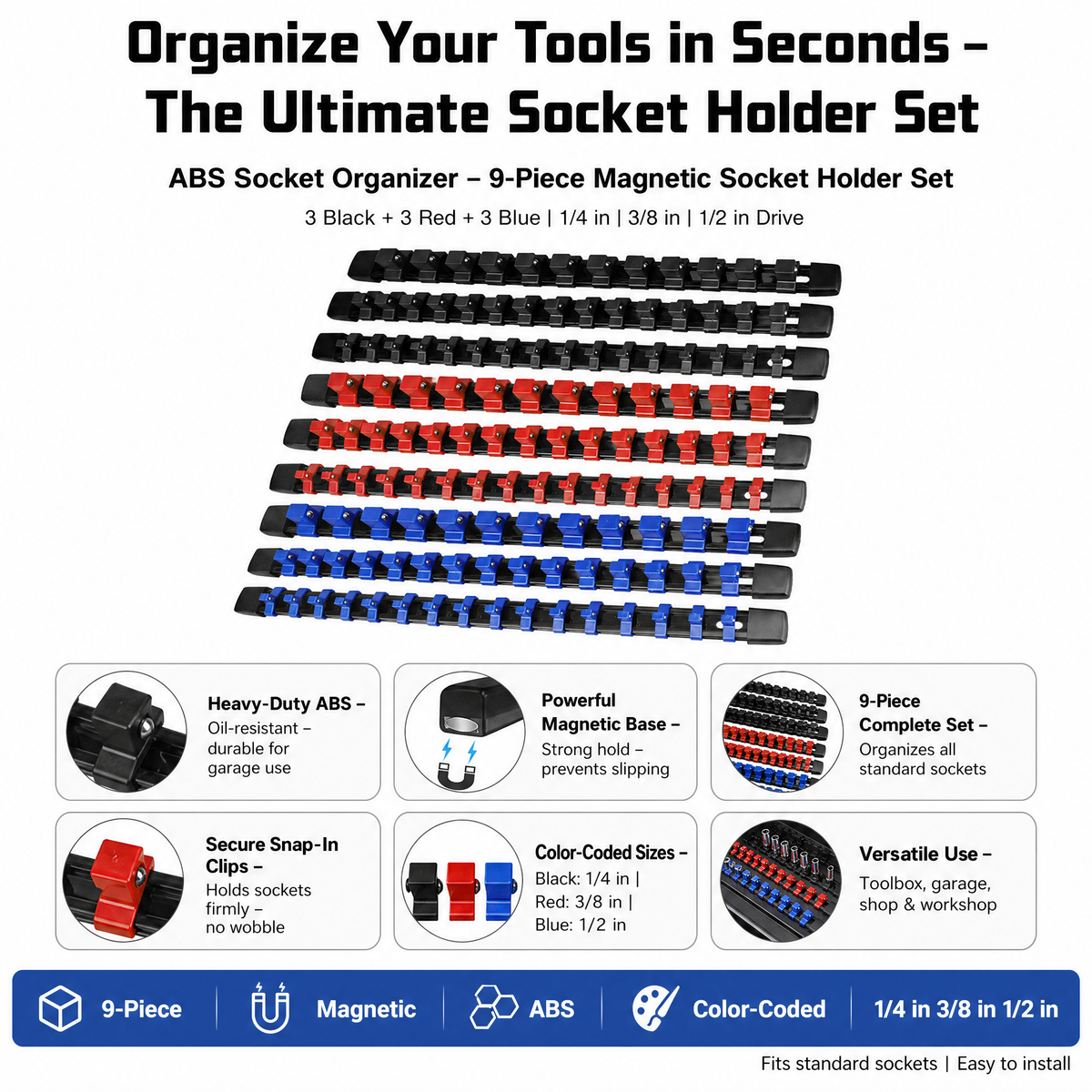 STORGENER 9-Piece ABS Socket Organizer, Magnetic Socket Holder for Tool Box, Heavy-Duty Rail Set for 1/4", 3/8", 1/2"