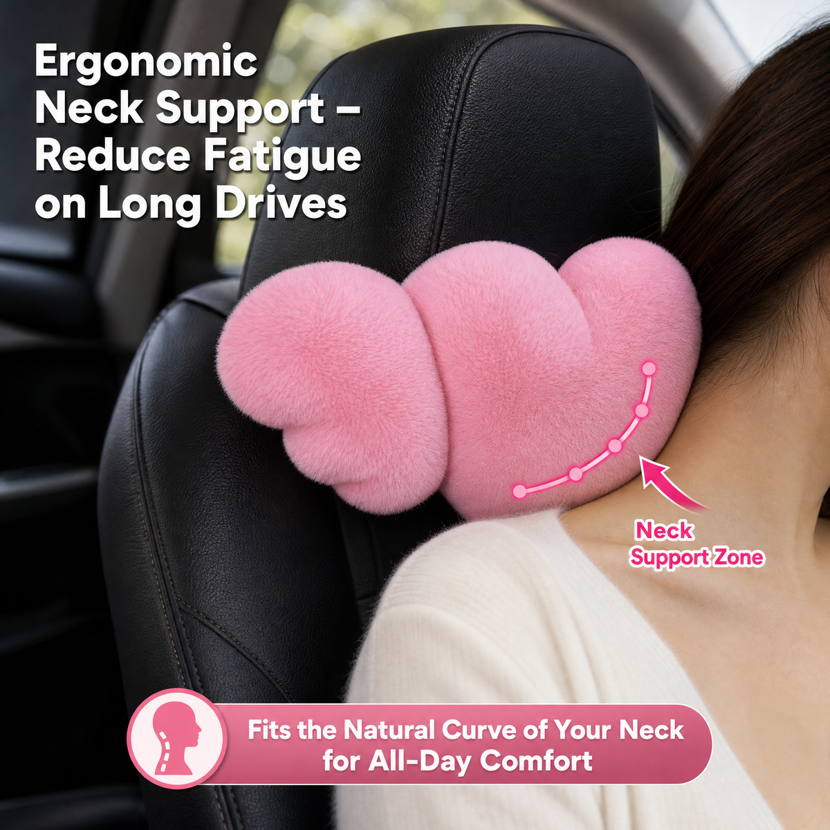 STORGENER Cute Car Headrest Pillow, 2-Pack Pink Heart & Wing Kawaii Car Accessories, Soft Fluffy Neck Support Pillow for Car Seat, Universal Lumbar Pillow for Auto Interior Decor