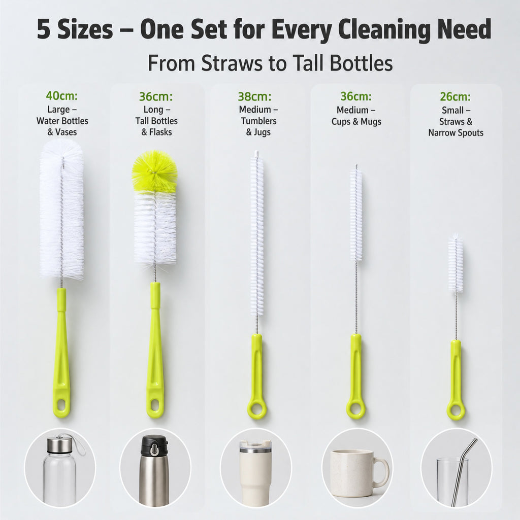 STORGENER Bottle Cleaning Brush Set, 5-Piece Long Handle Cup Cleaner for Narrow Neck, Water Bottles, and Straws