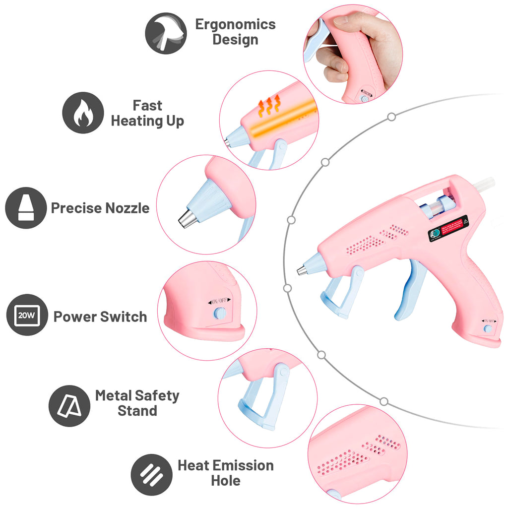 Hot Glue Gun Kit with 10 Glue Sticks, Fast Preheating Hot Melt, High Temp for School Crafts DIY Arts and Quick Home Repairs, 20W Pink