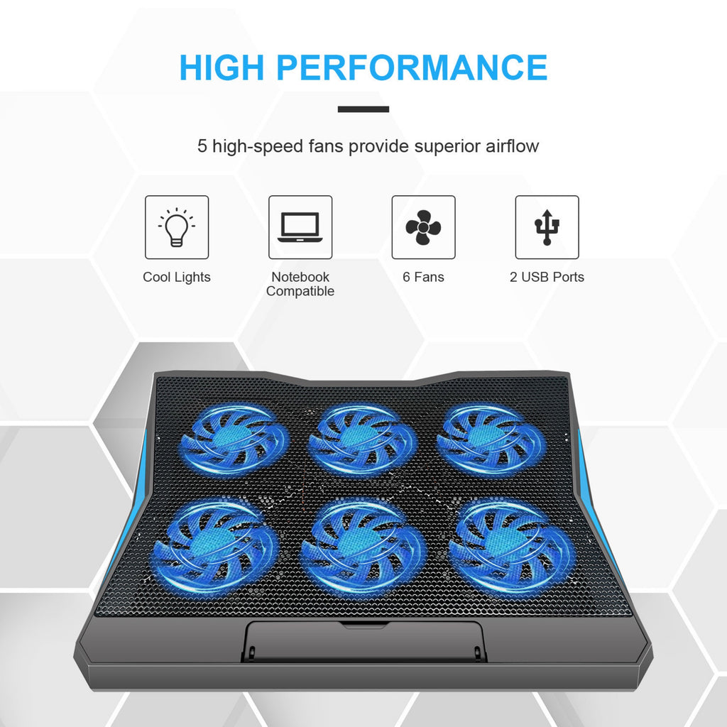 STORGENER 6-Fan Laptop Cooling Pad, Adjustable Laptop Cooler Stand with Blue LED Lights, Quiet Cooling Pad for Gaming