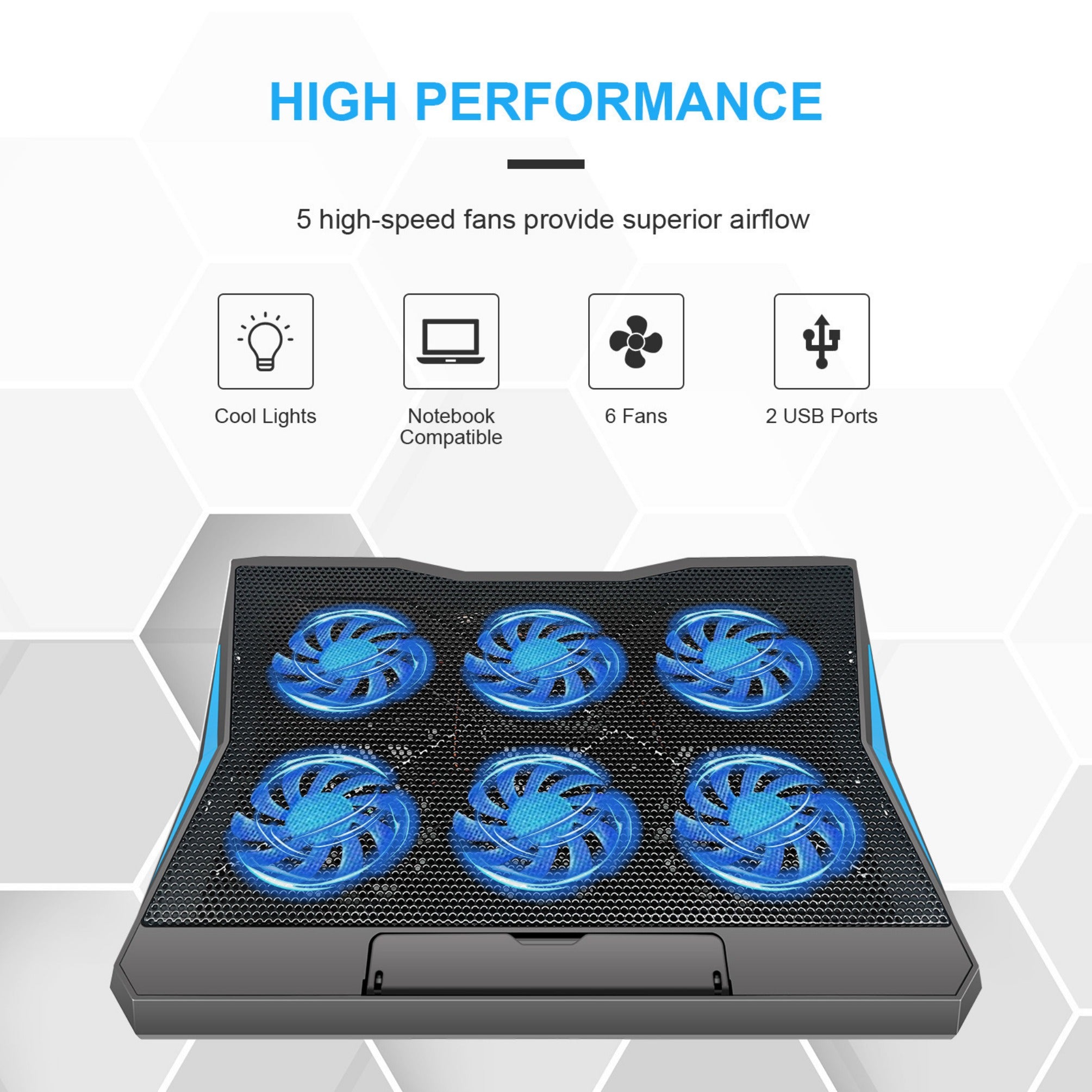 STORGENER 6-Fan Laptop Cooling Pad, Adjustable Laptop Cooler Stand with Blue LED Lights, Quiet Cooling Pad for Gaming