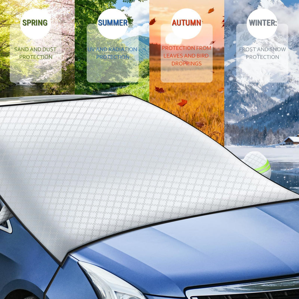 STORGENER Windshield Sun Shade, Car Windshield Snow Cover, 10 Magnets, 6 Straps, 4-Layer Protection, Car Windshield Cover with Side Mirror Protector