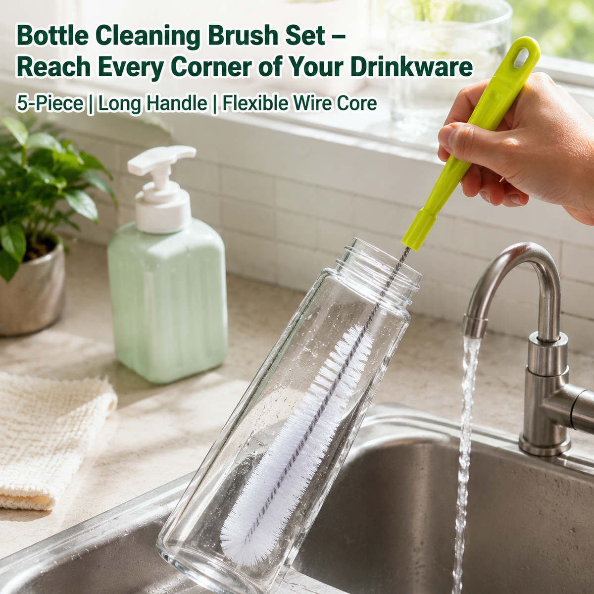 STORGENER Bottle Cleaning Brush Set, 5-Piece Long Handle Cup Cleaner for Narrow Neck, Water Bottles, and Straws