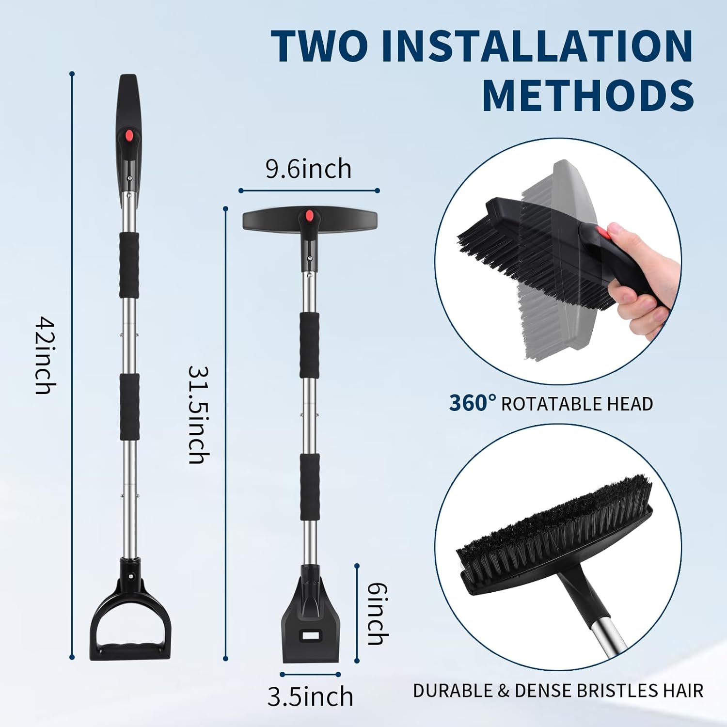 STORGENER Car Snow Brush and Ice Scraper, 3-in-1 Extendable Snow Shovel with Wide Head Snow Shovel and Ice Scraper 180° Pivoting Snow Brush Head for Car Windshield, Durable Snow Remover