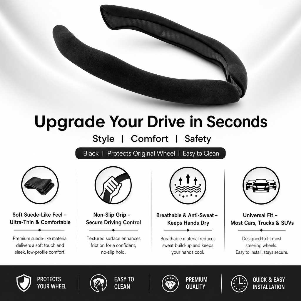STORGENER Car Steering Wheel Cover, Ultra-Thin Suede-Like Non-Slip Grip, Breathable Anti-Sweat Soft Wrap for Cars, Trucks & SUVs, Black