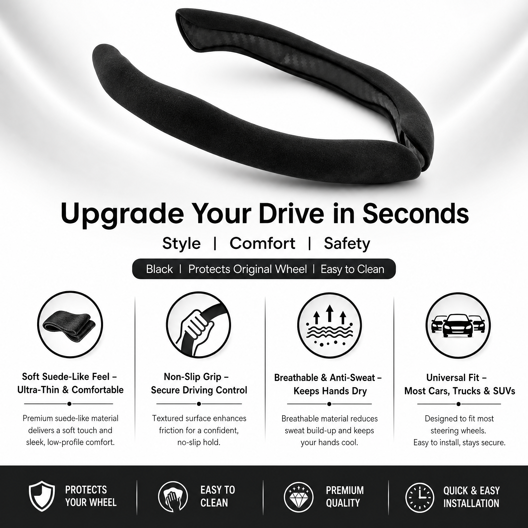 STORGENER Car Steering Wheel Cover, Ultra-Thin Suede-Like Non-Slip Grip, Breathable Anti-Sweat Soft Wrap for Cars, Trucks & SUVs, Black