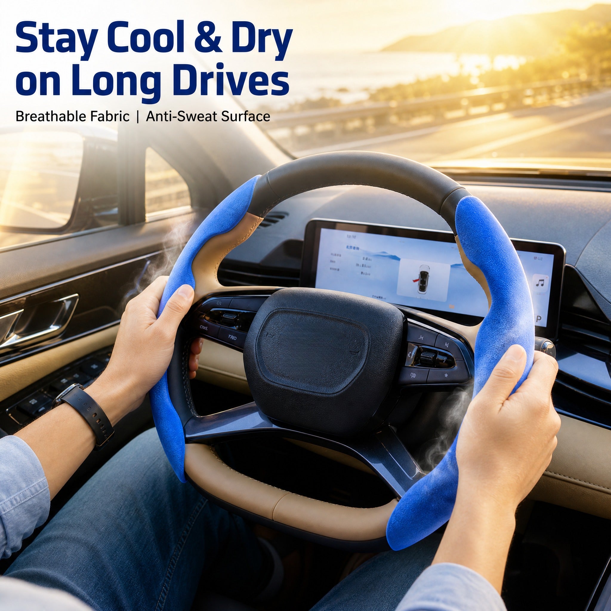 STORGENER Car Steering Wheel Cover, Ultra-Thin Suede-Like Non-Slip Grip, Breathable Anti-Sweat Soft Wrap for Men & Women, Universal Fit for Most Cars, Trucks & SUVs, Klein Blue