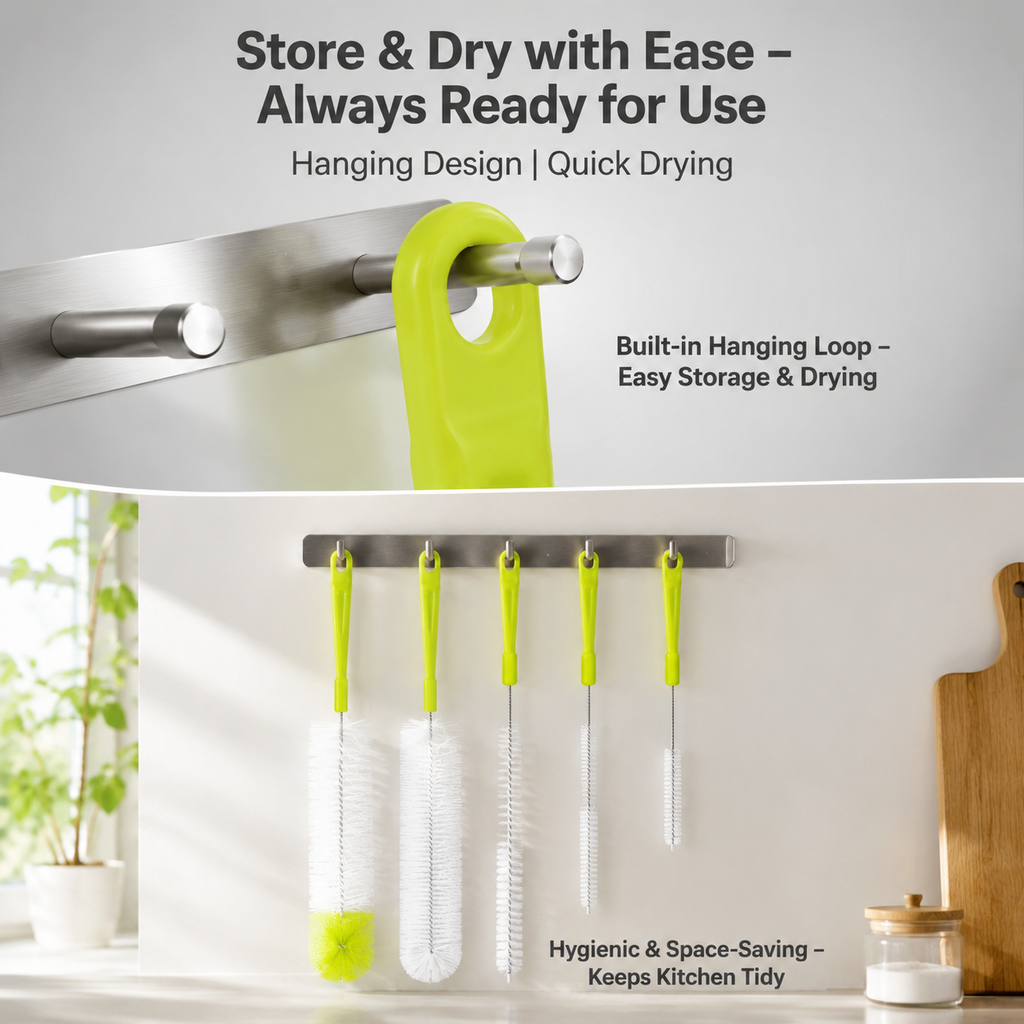 STORGENER Bottle Cleaning Brush Set, 5-Piece Long Handle Cup Cleaner for Narrow Neck, Water Bottles, and Straws