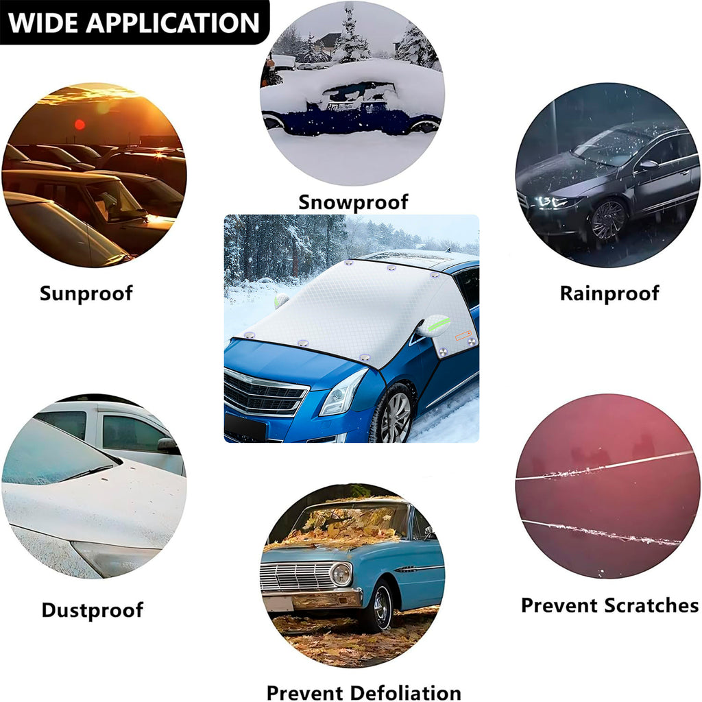 STORGENER Windshield Sun Shade, Car Windshield Snow Cover, 10 Magnets, 6 Straps, 4-Layer Protection, Car Windshield Cover with Side Mirror Protector