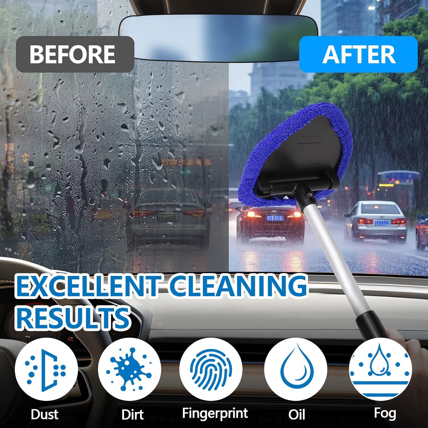 STORGENER Universal Windshield Cleaning Tool, Extendable Long Handle, 4 Washable Reusable Microfiber Pads, Car Window Cleaner for Interior & Exterior Glass, Blue