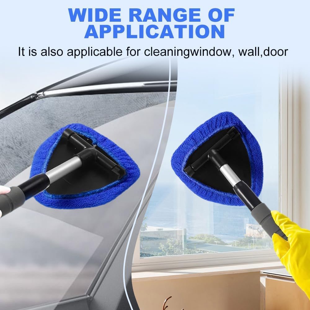 STORGENER Universal Windshield Cleaning Tool, Extendable Long Handle, 4 Washable Reusable Microfiber Pads, Car Window Cleaner for Interior & Exterior Glass, Blue