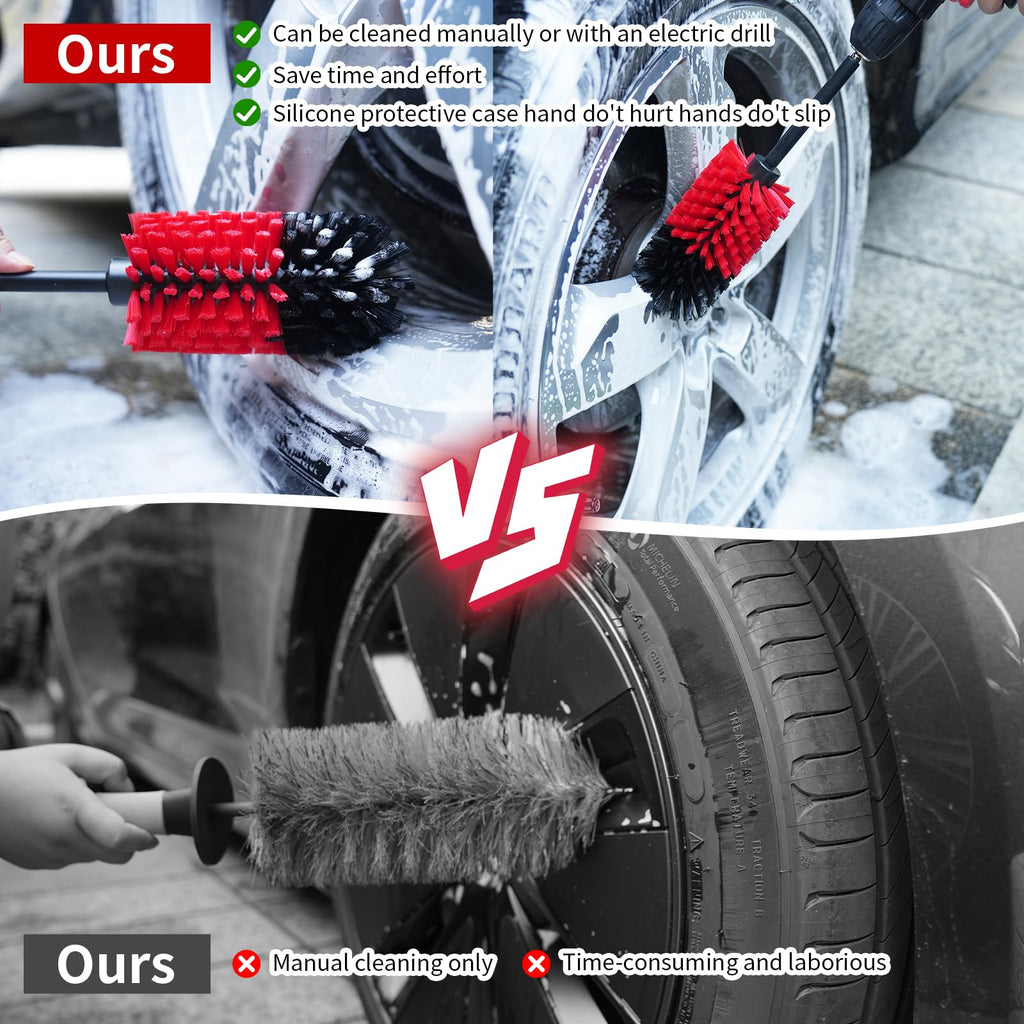Wheel & Tire Brush, Soft Bristle Car Wash Brush, Cleans Dirty Tires & Releases Dirt and Road Grime, Short Handle for Easy Scrubbing(Red&Black)