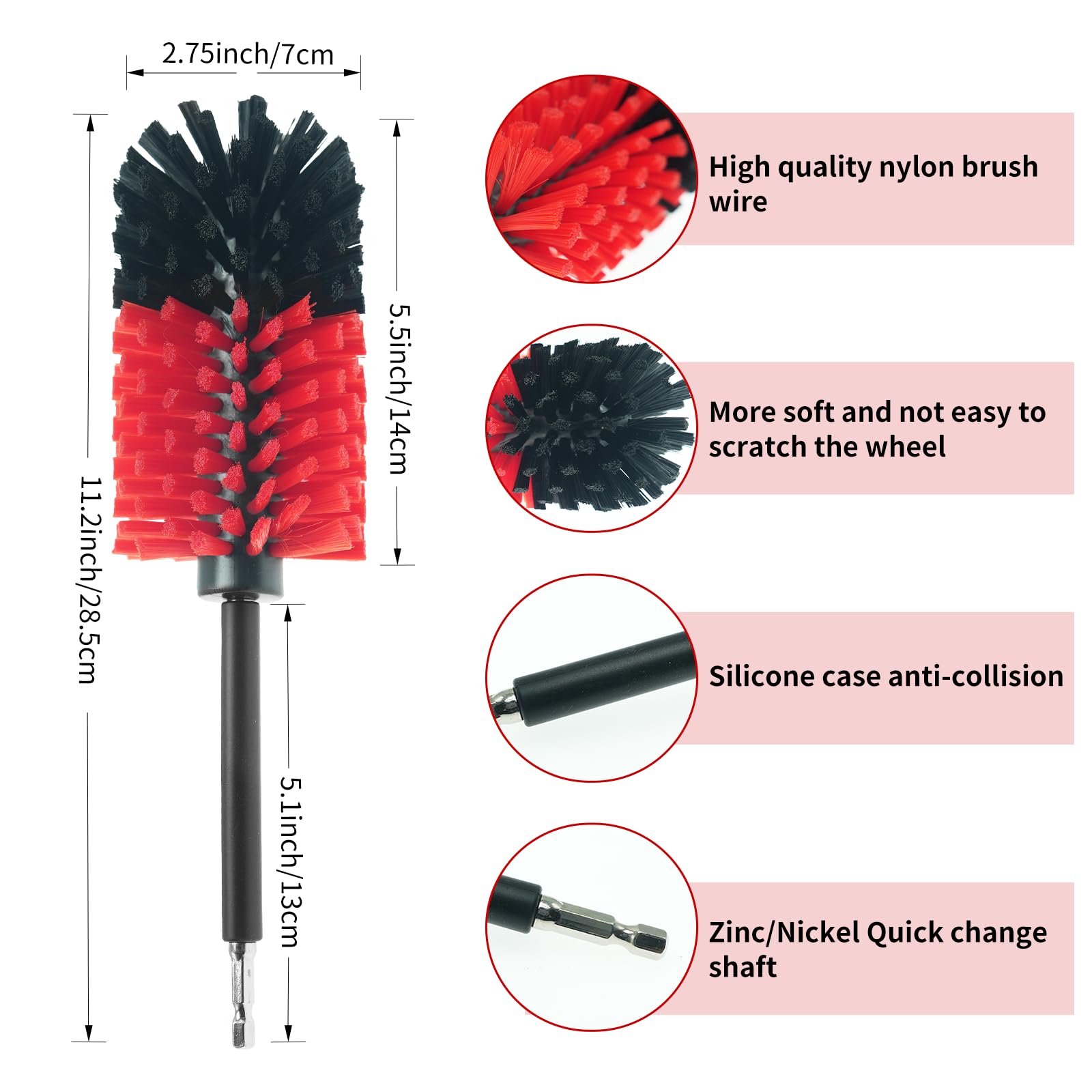 Wheel & Tire Brush, Soft Bristle Car Wash Brush, Cleans Dirty Tires & Releases Dirt and Road Grime, Short Handle for Easy Scrubbing(Red&Black)