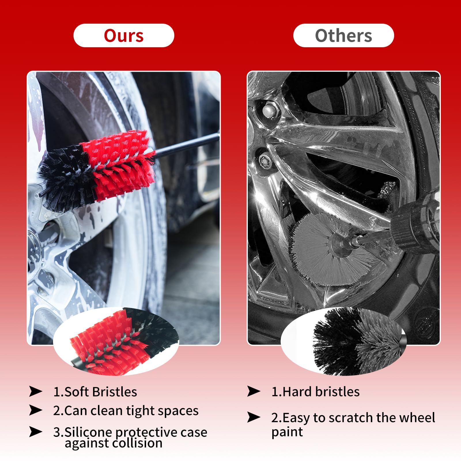 Wheel & Tire Brush, Soft Bristle Car Wash Brush, Cleans Dirty Tires & Releases Dirt and Road Grime, Short Handle for Easy Scrubbing(Red&Black)